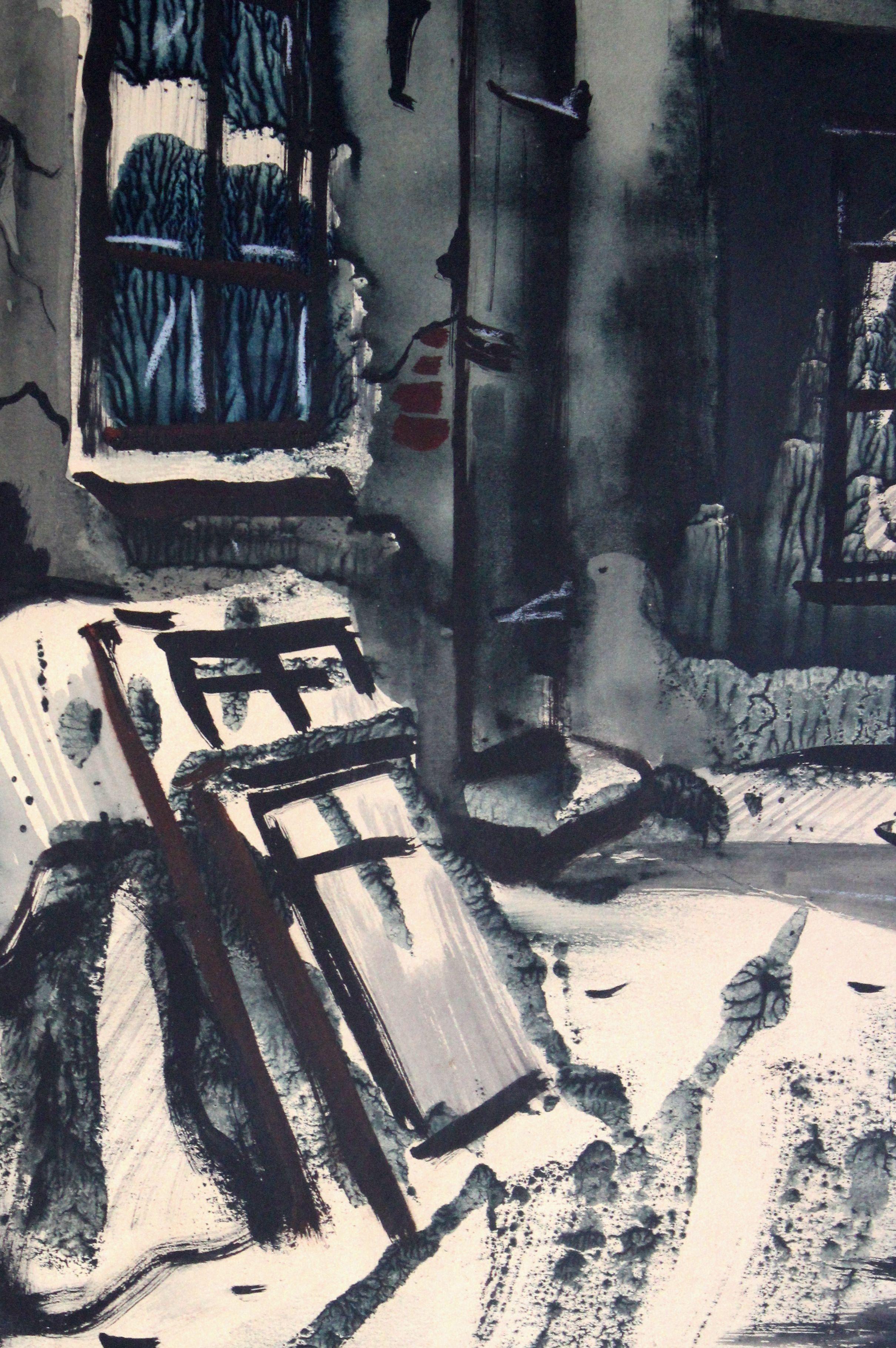 Vecchio motivo di Riga. 1972. Carta, acquerello, 50x41 cm - Interior Painting Nero di Janis Brekte