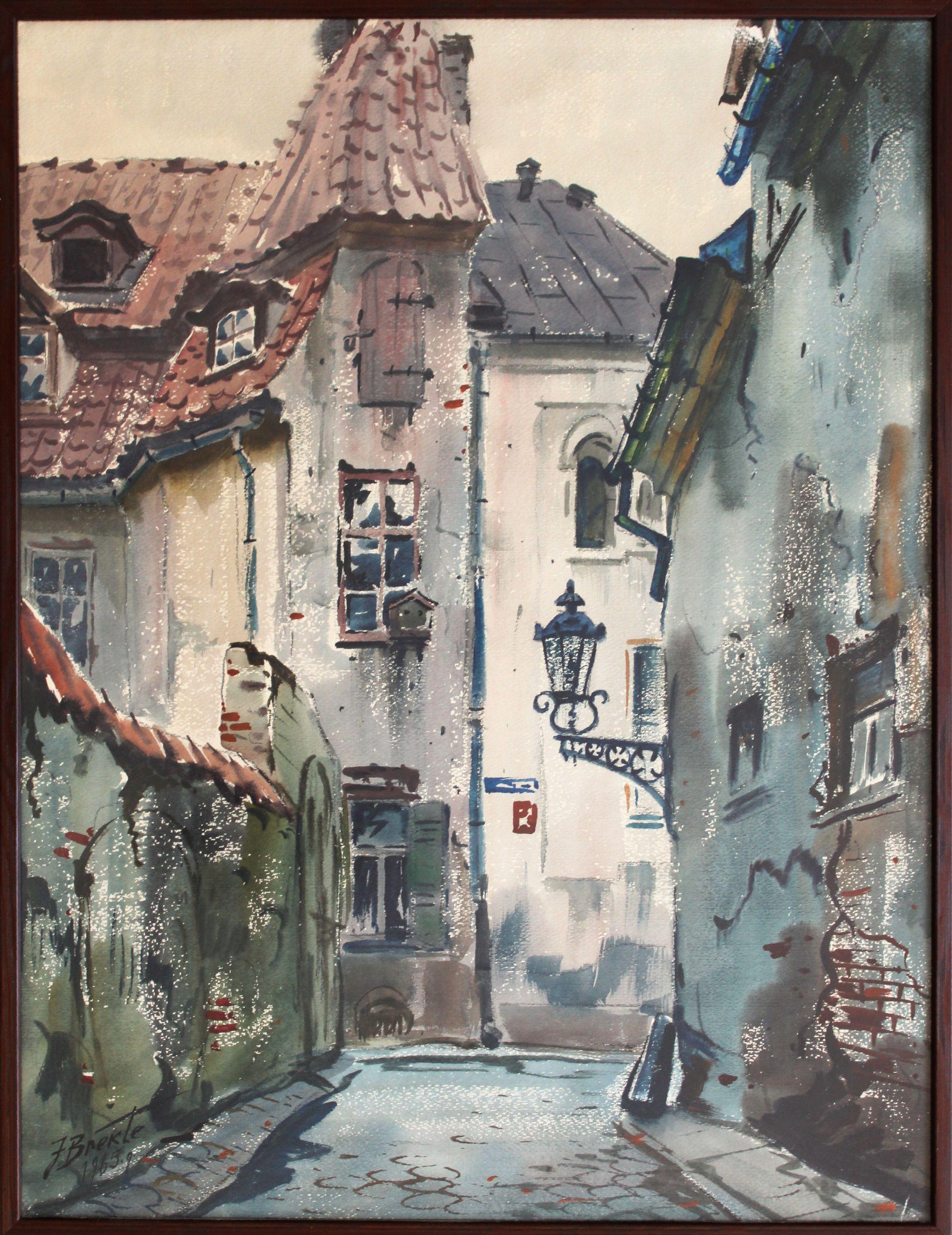 Old Town. 1965, watercolor on paper, 70 x 54 cm - Painting by Janis Brekte