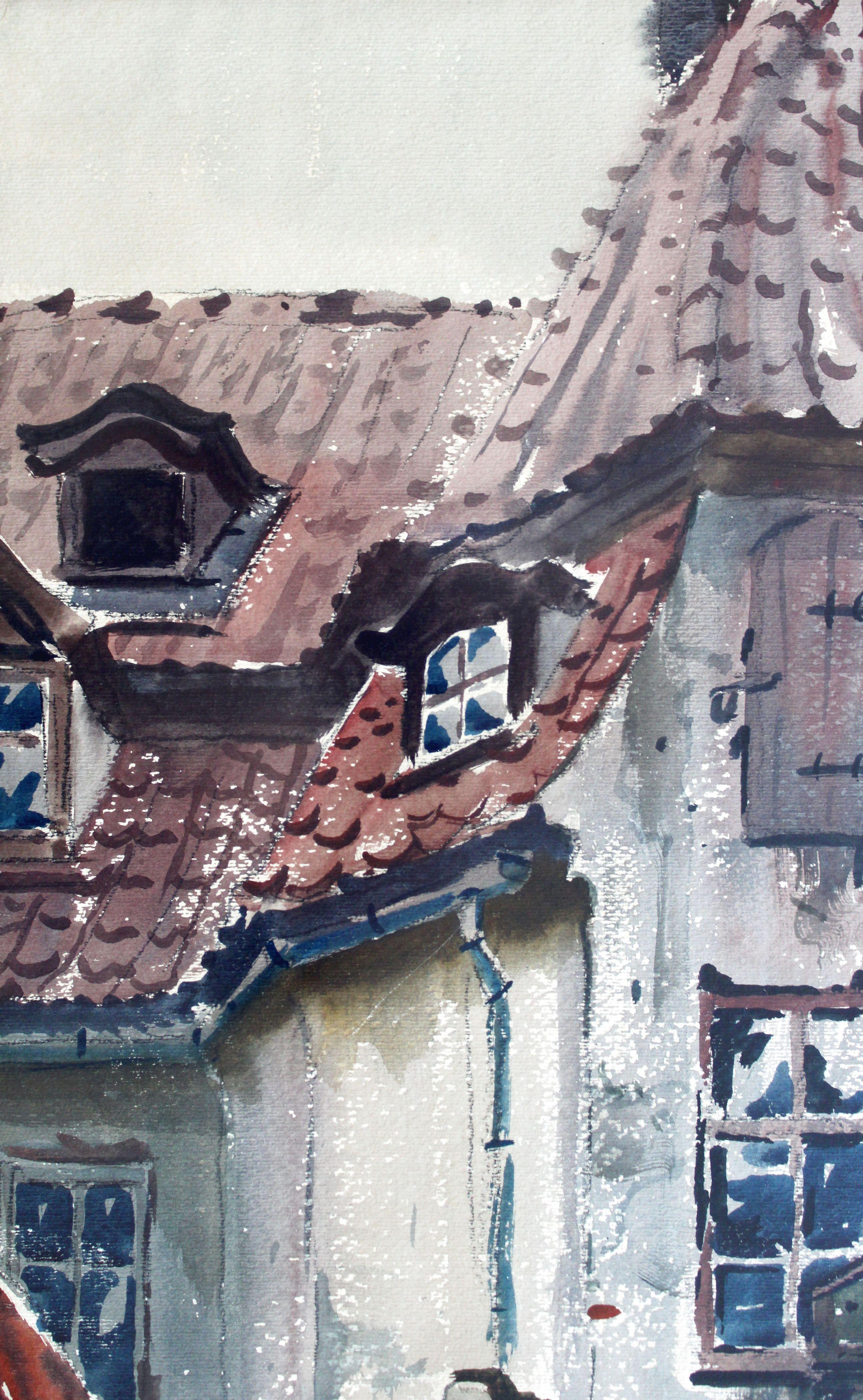 Old Town. 1965, watercolor on paper, 70 x 54 cm - Gray Landscape Painting by Janis Brekte