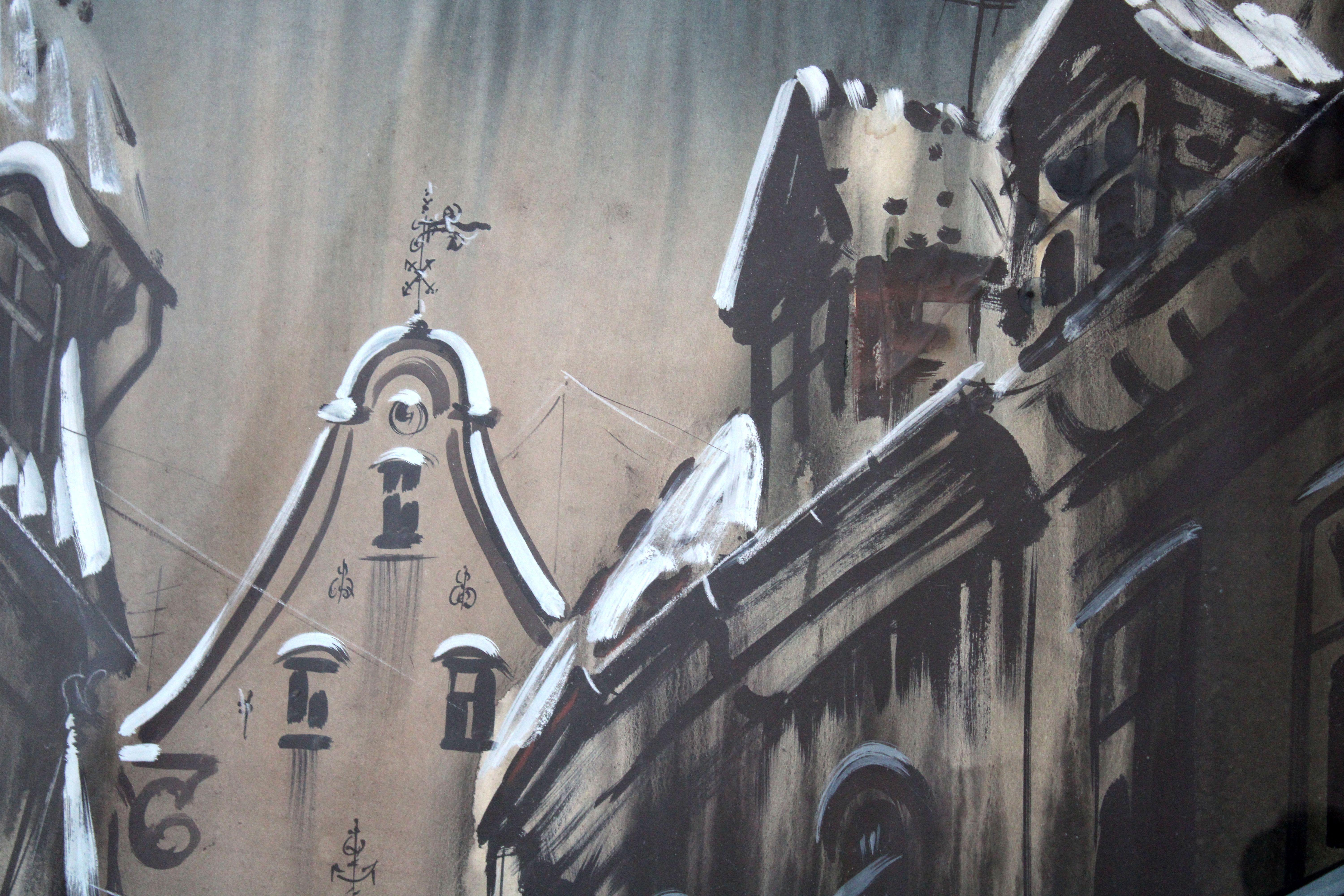 Ciudad vieja. 1978, papel, acuarela, 98x74 cm

El artista ha creado un retrato melancólico y pintoresco del paisaje urbano oscuro e invernal, invitando a los espectadores a sumergirse en el evocador ambiente del escenario histórico. Dado el año de
