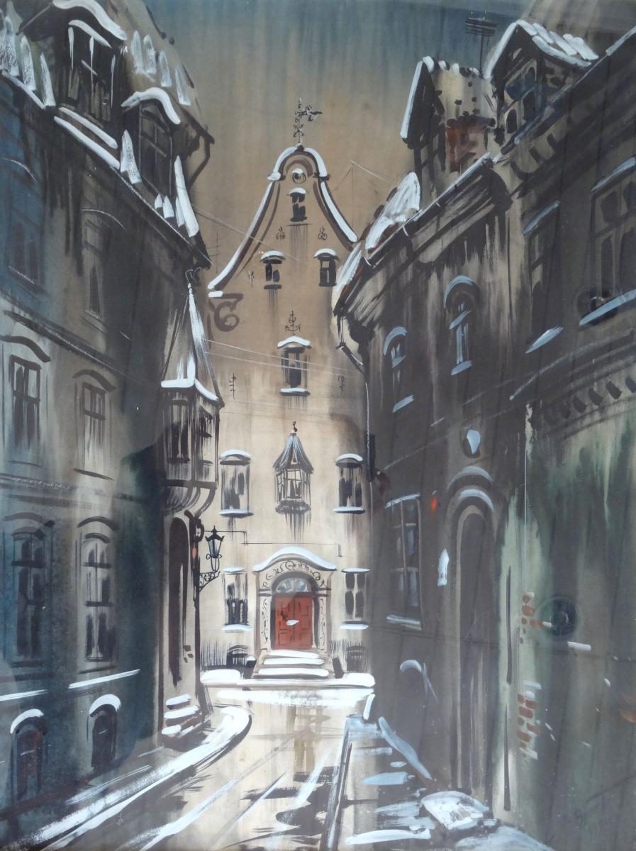 Janis Brekte Interior Painting - Old town. 1978, paper, watercolor, 98x74 cm