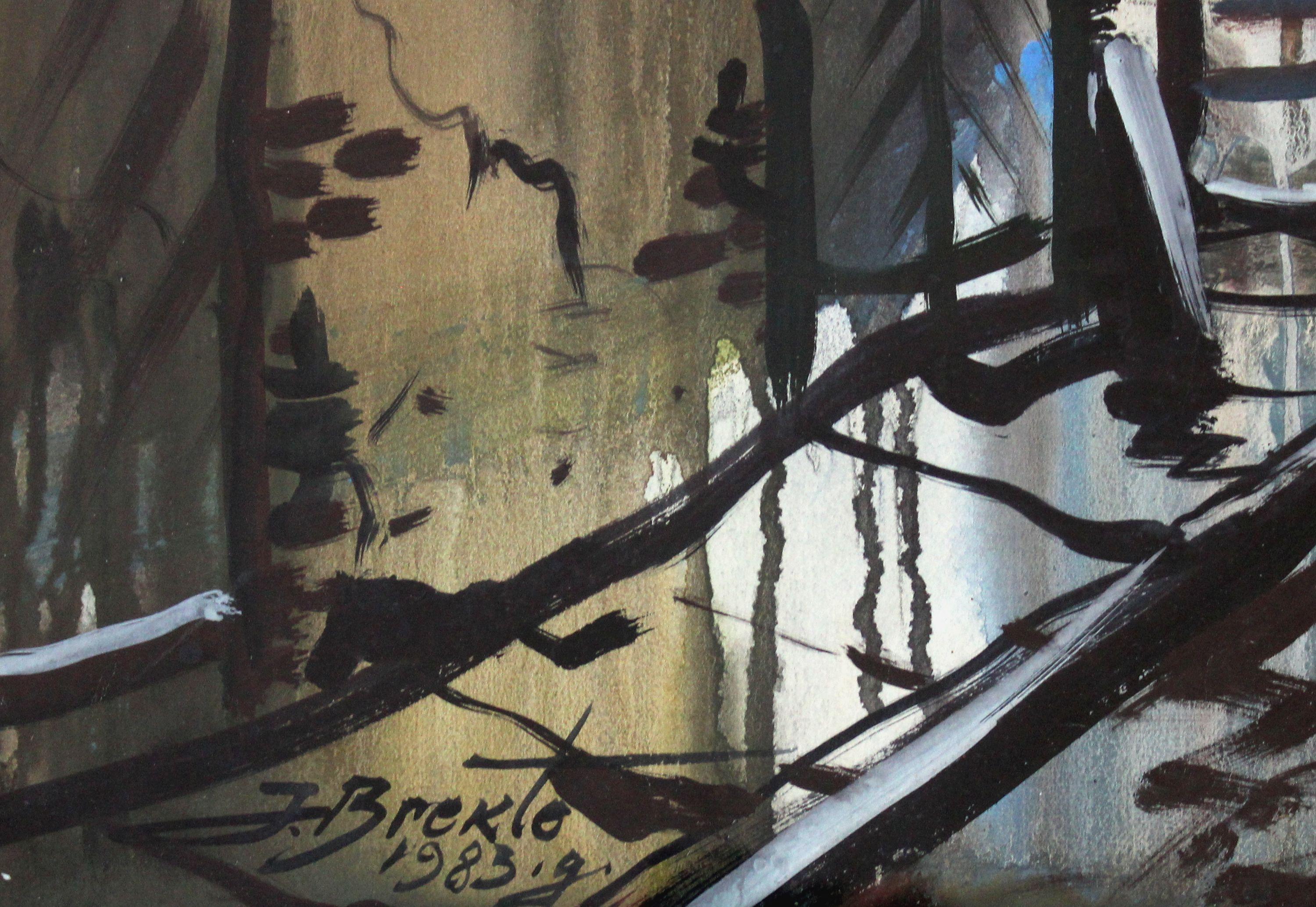 Old Townes  1983, Papier, Aquarell, 85x60 cm (Grau), Landscape Painting, von Janis Brekte