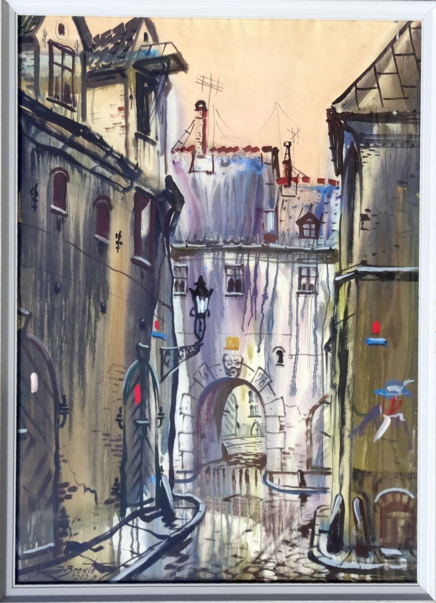 Old Townes  1983, Papier, Aquarell, 85x60 cm – Painting von Janis Brekte