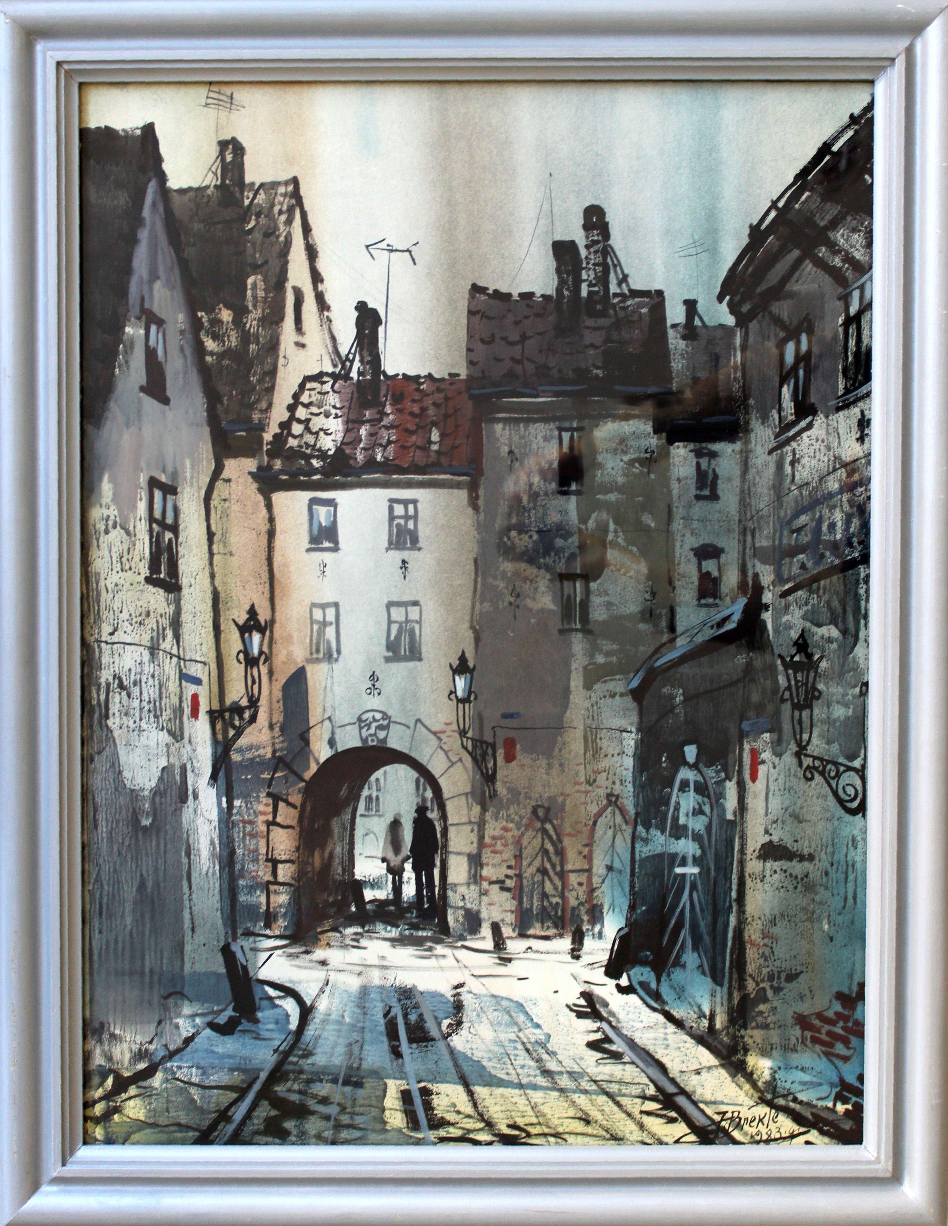 Alte Stadt.  1983. Aquarell, Acryl auf Papier, 76x56 cm – Painting von Janis Brekte
