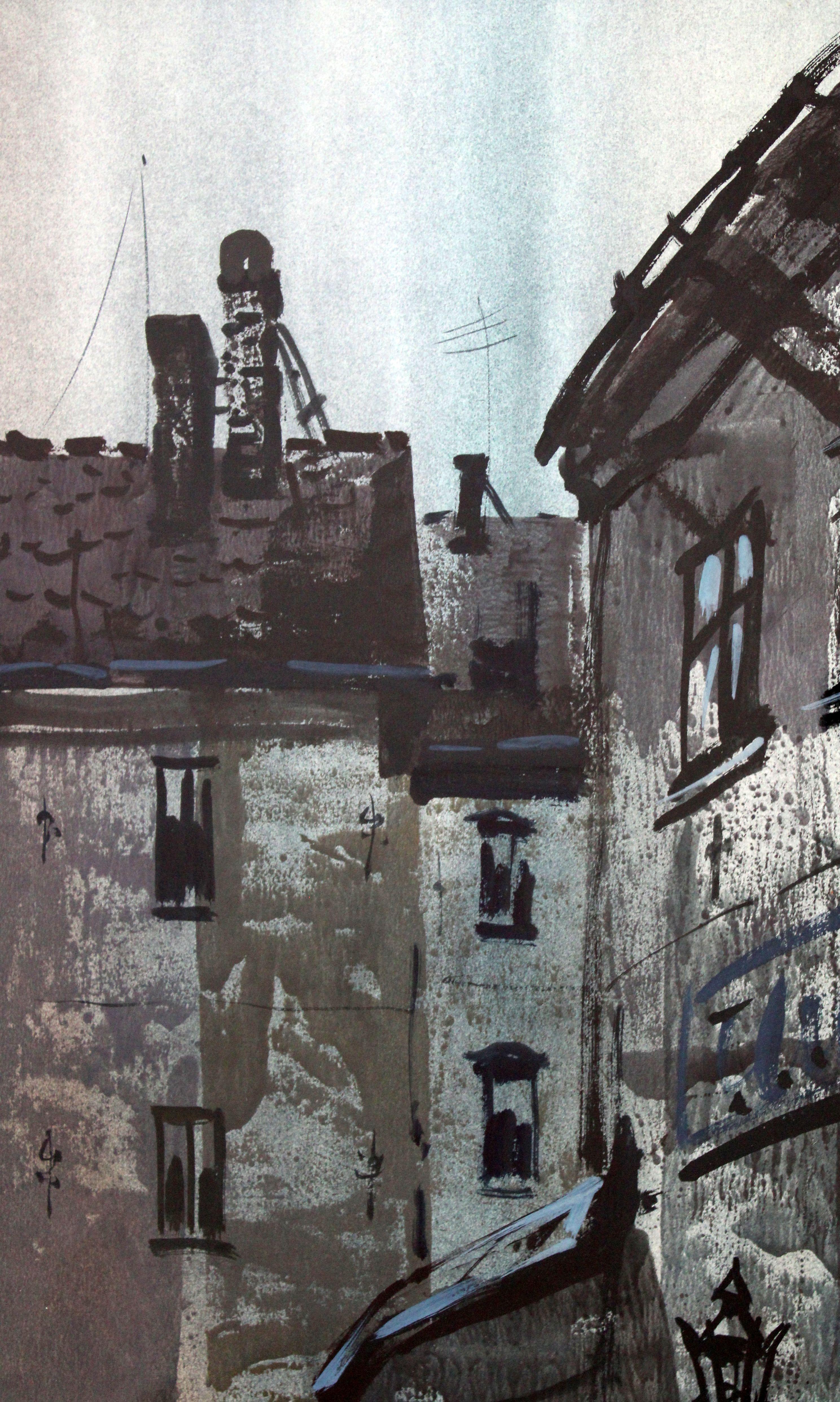 Alte Stadt.  1983. Aquarell, Acryl auf Papier, 76x56 cm (Grau), Interior Painting, von Janis Brekte