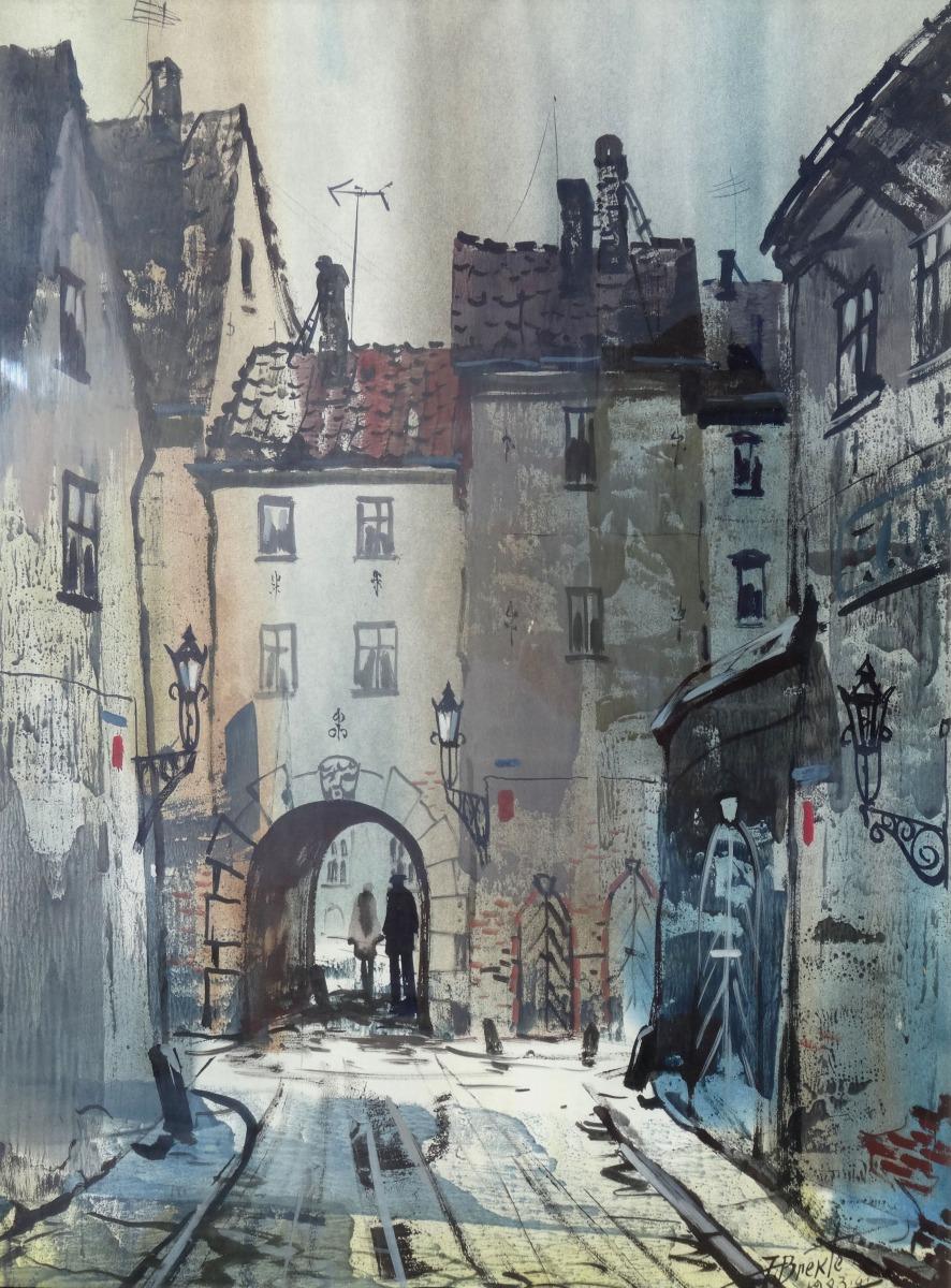 Janis Brekte Interior Painting - Old town.  1983. Watercolor, acrylic on paper, 76x56 cm