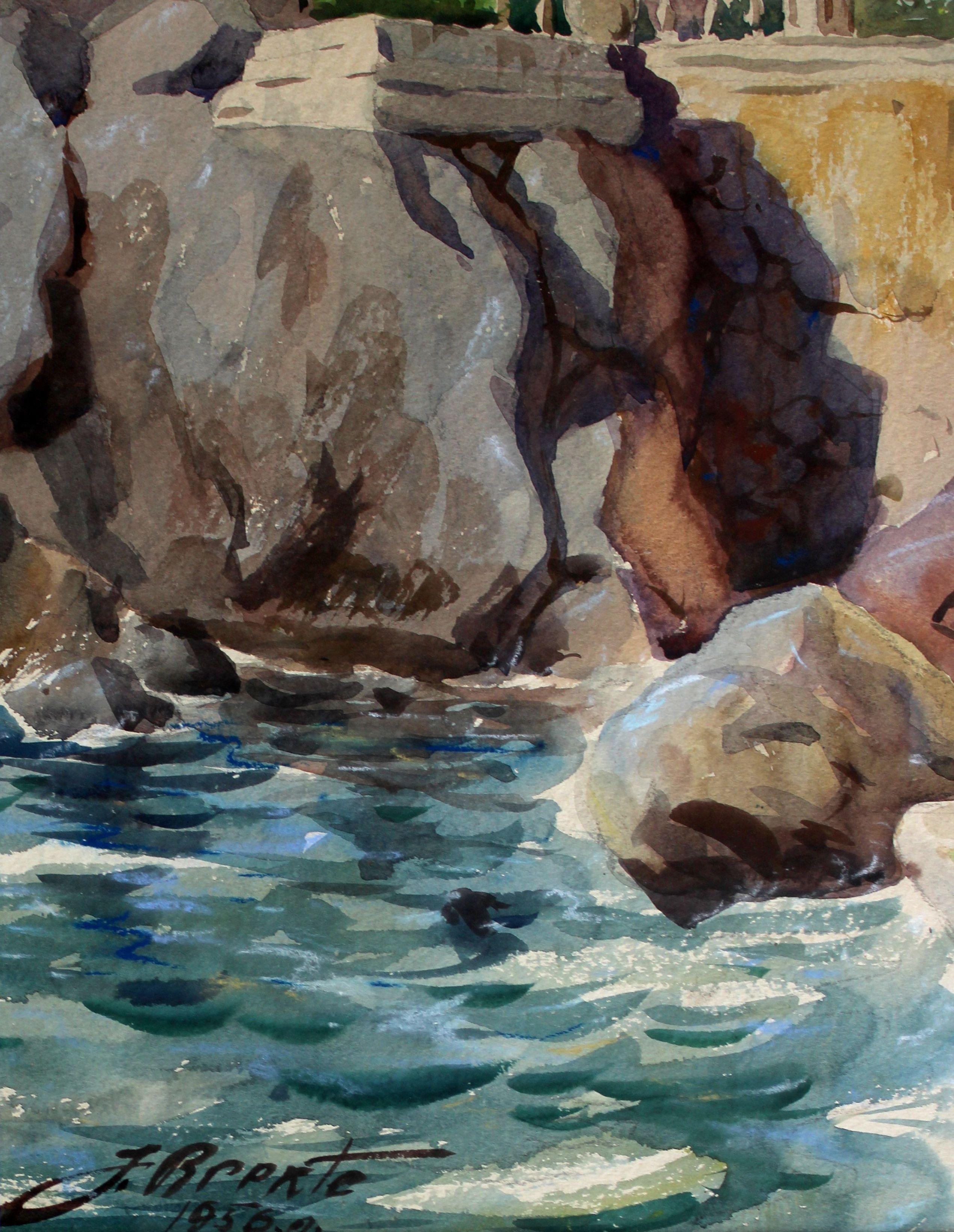 En la costa del Mar del Sur 1956, papel, acuarela, 63x50 cm - Painting de Janis Brekte