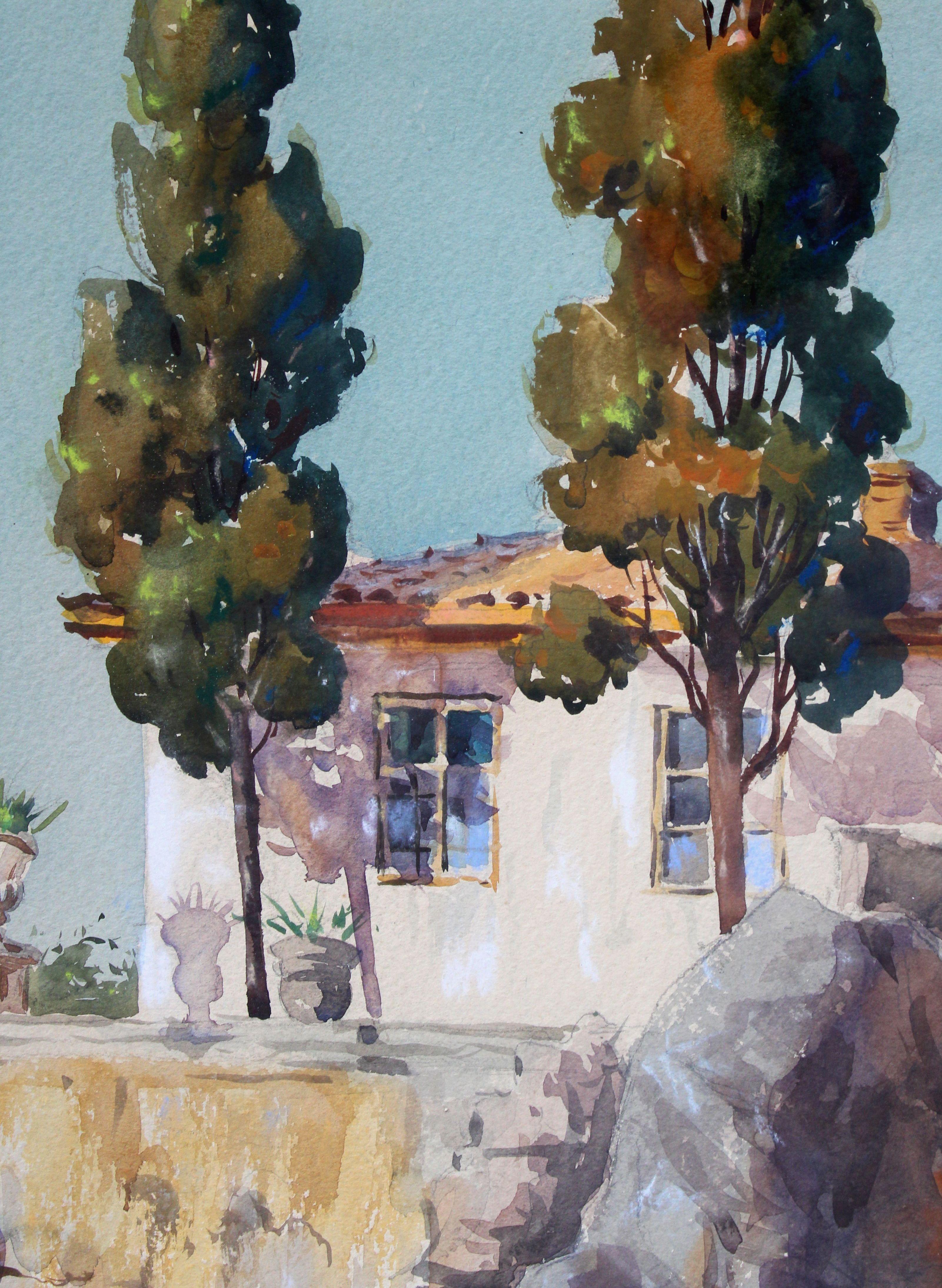 En la costa del Mar del Sur 1956, papel, acuarela, 63x50 cm - Landscape Painting Gris de Janis Brekte