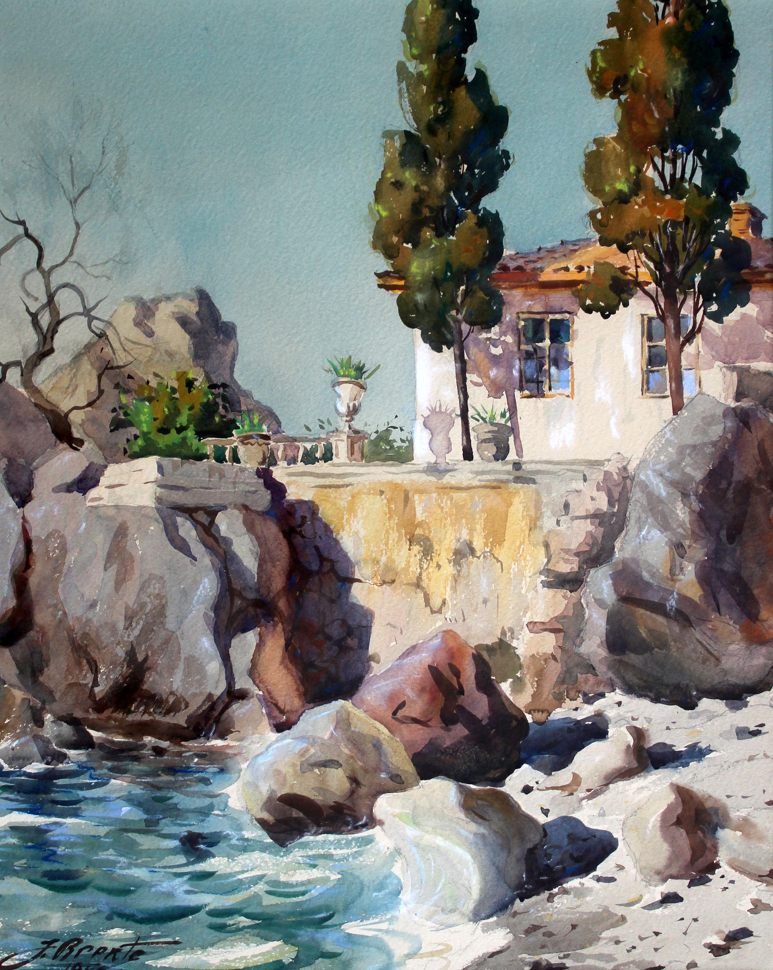 Landscape Painting de Janis Brekte - En la costa del Mar del Sur 1956, papel, acuarela, 63x50 cm