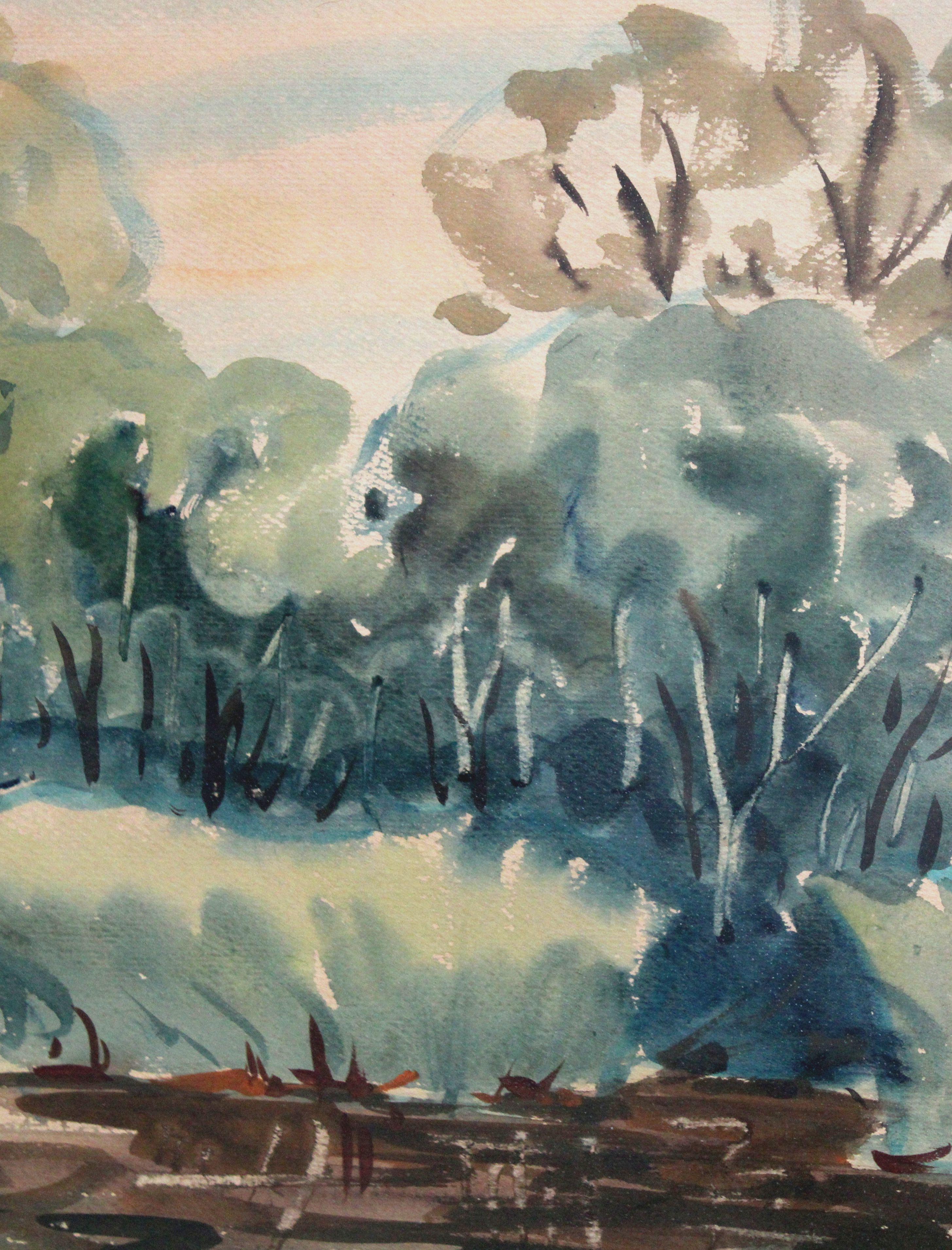 River. 1960, watercolor on paper, 43x61 cm - Realist Painting by Janis Brekte