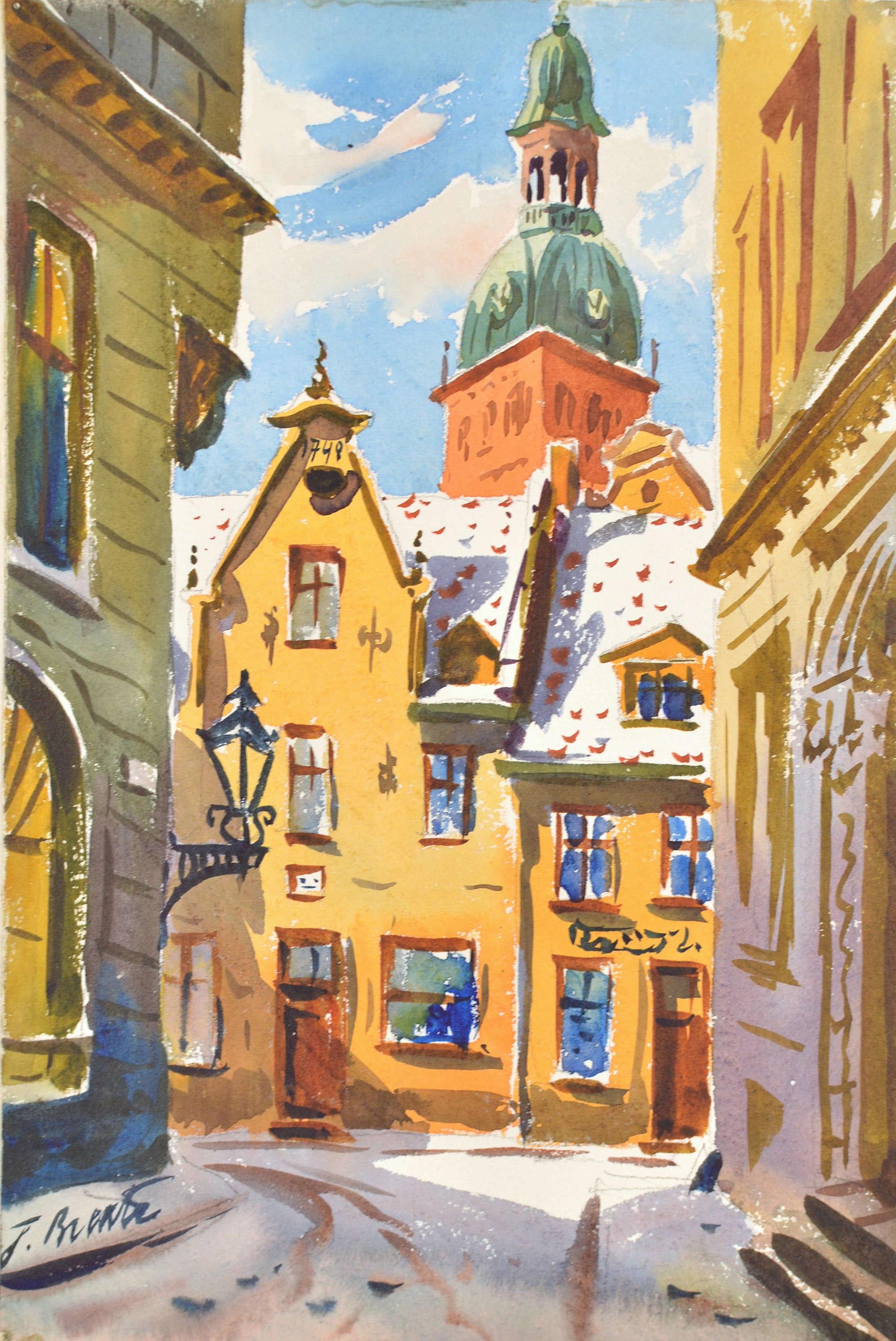 Coin de rue dans le vieux Riga. 1956. Aquarelle, papier. 23x15 cm. Signé
