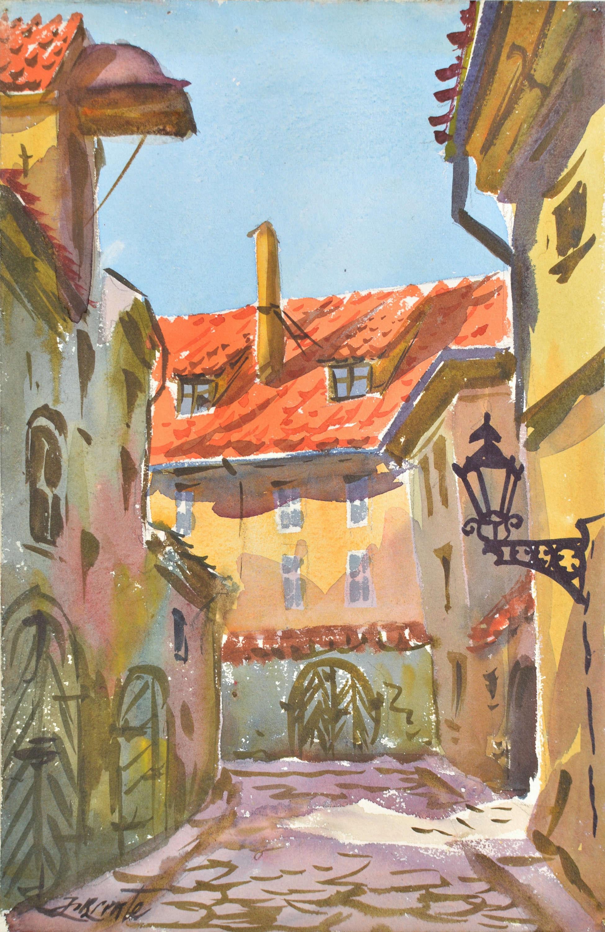 Rue du vieux Riga. 1956. Aquarelle, papier. 23x15 cm. Signé
