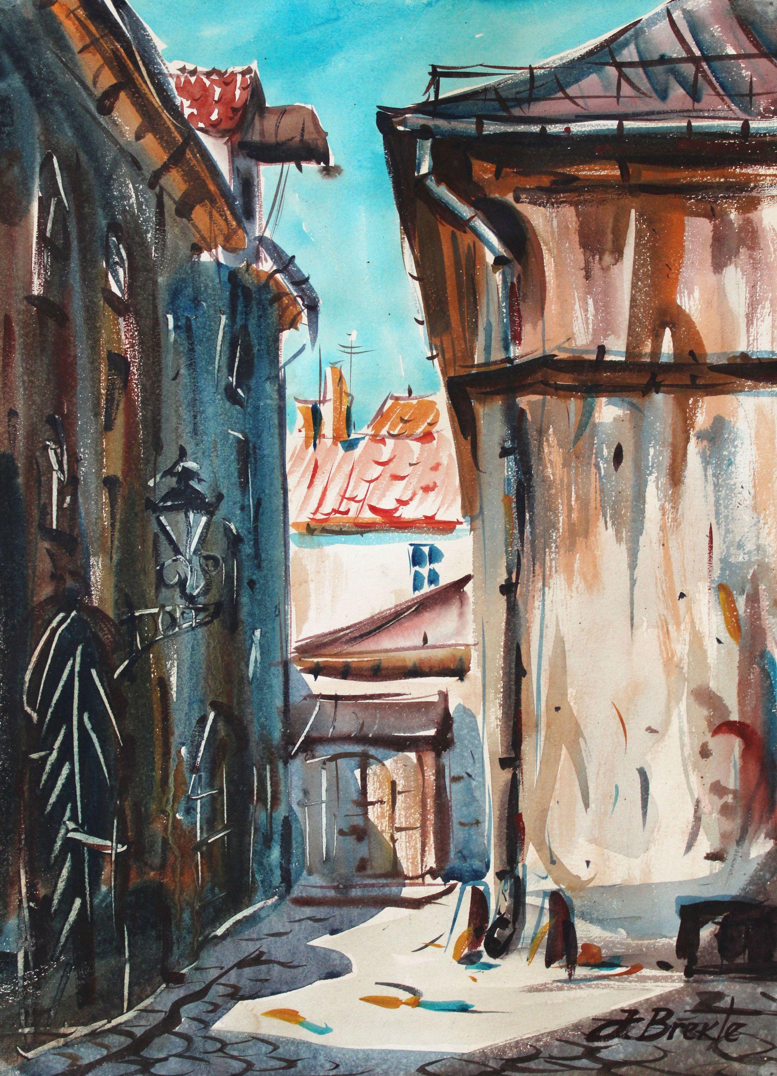 Sonnentag in Old Riga. Papier, Aquarell, 42x30, 5 cm, Papier – Painting von Janis Brekte