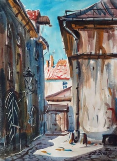 Vintage Sunny day in Old Riga. Paper, watercolor, 42x30, 5 cm