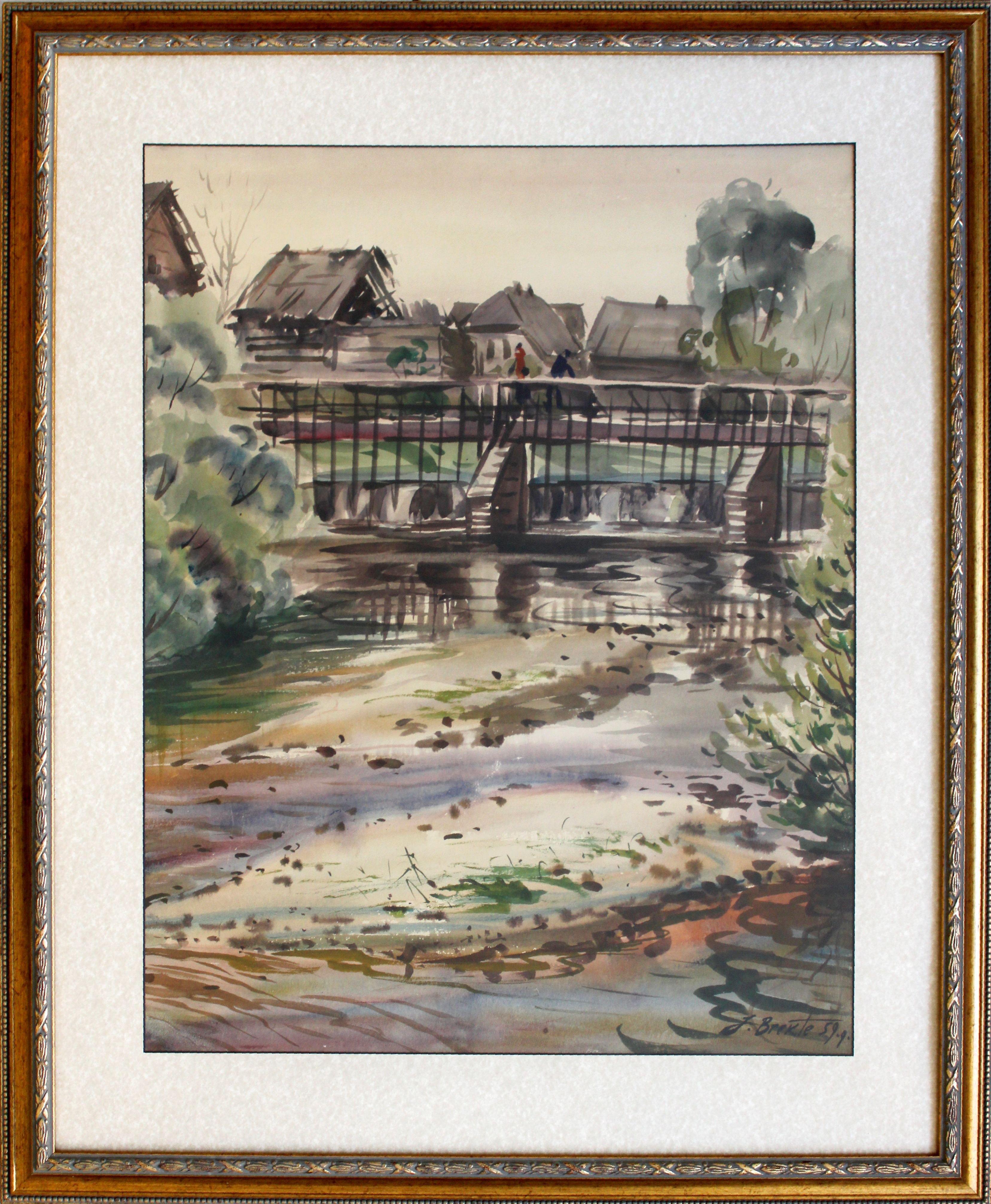 The old dam. 1959, cardboard, watercolor, 68x54 cm - Painting by Janis Brekte