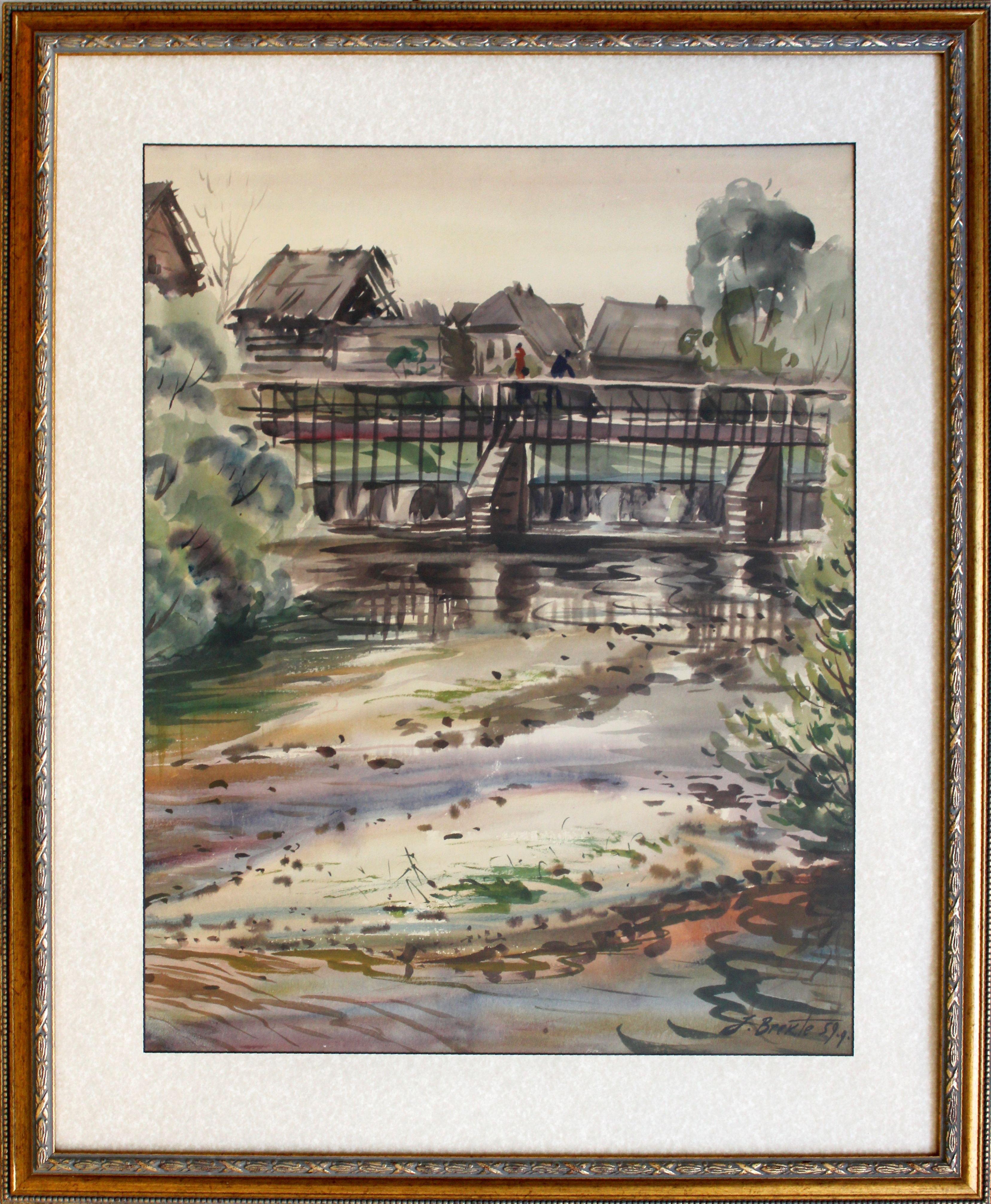 The old dam. 1959, Karton, Aquarell, 68x54 cm – Painting von Janis Brekte
