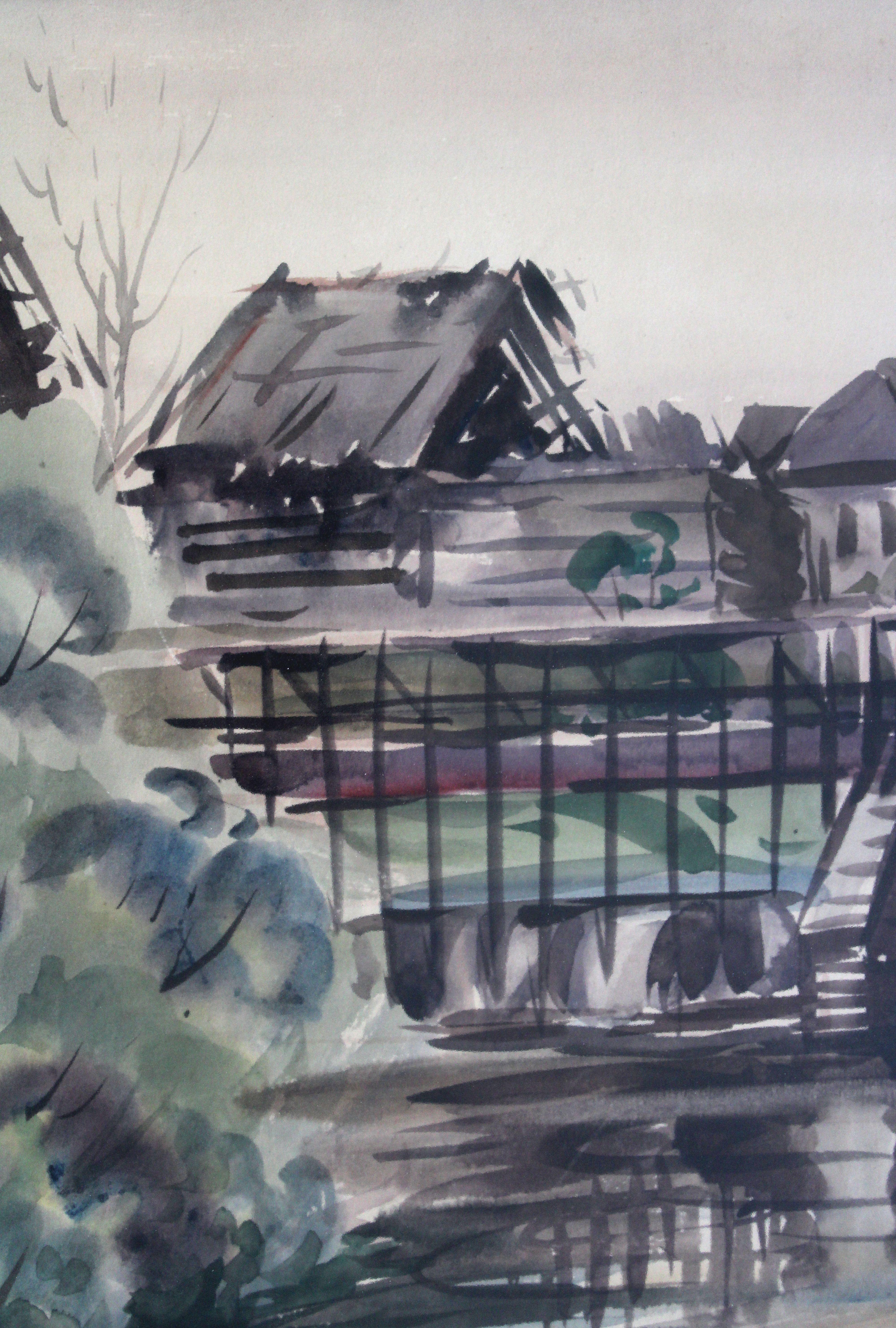 Der alte Damm. 
1959, Karton, Aquarell, 68x54 cm

Im Mittelpunkt des Gemäldes steht eine alte Stadt, ein historisches Viertel, das für seine antiquierte Architektur, seine gepflasterten Straßen und das Gefühl vergangener Zeiten bekannt ist.  Die
