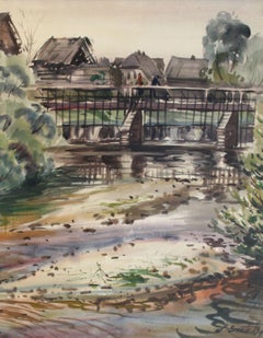 Vintage The old dam. 1959, cardboard, watercolor, 68x54 cm