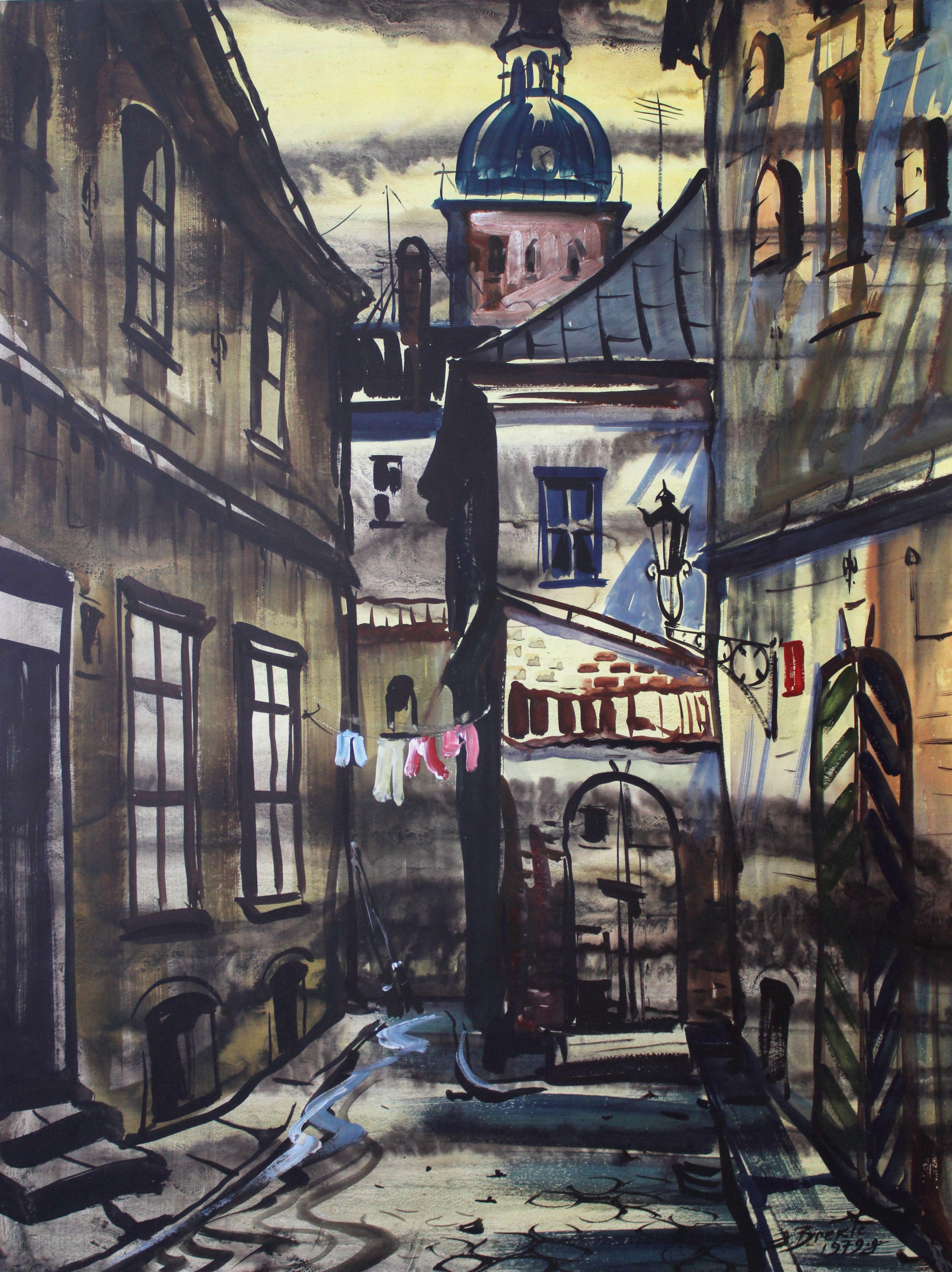 The yard  1979, paper, watercolor 74x55 cm - Realist Painting by Janis Brekte