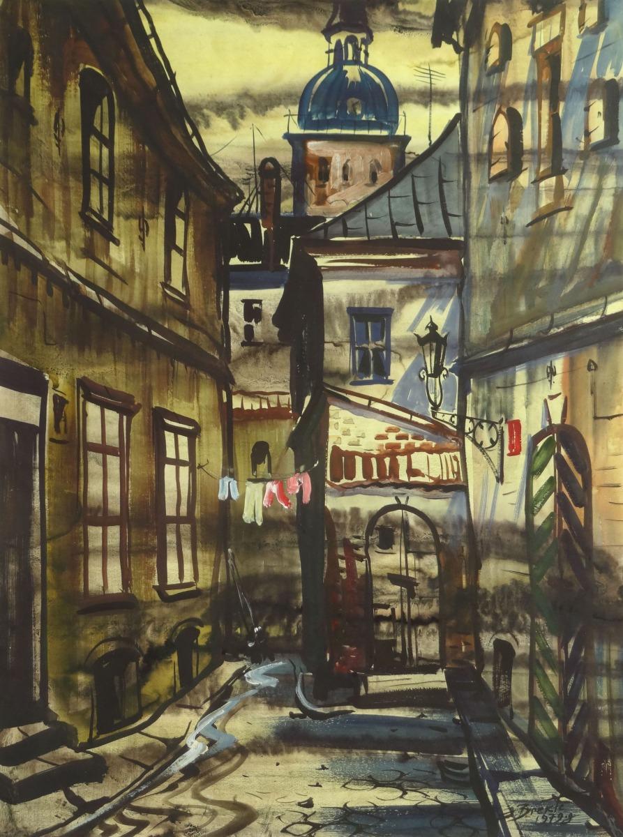 Janis Brekte Landscape Painting - The yard  1979, paper, watercolor 74x55 cm