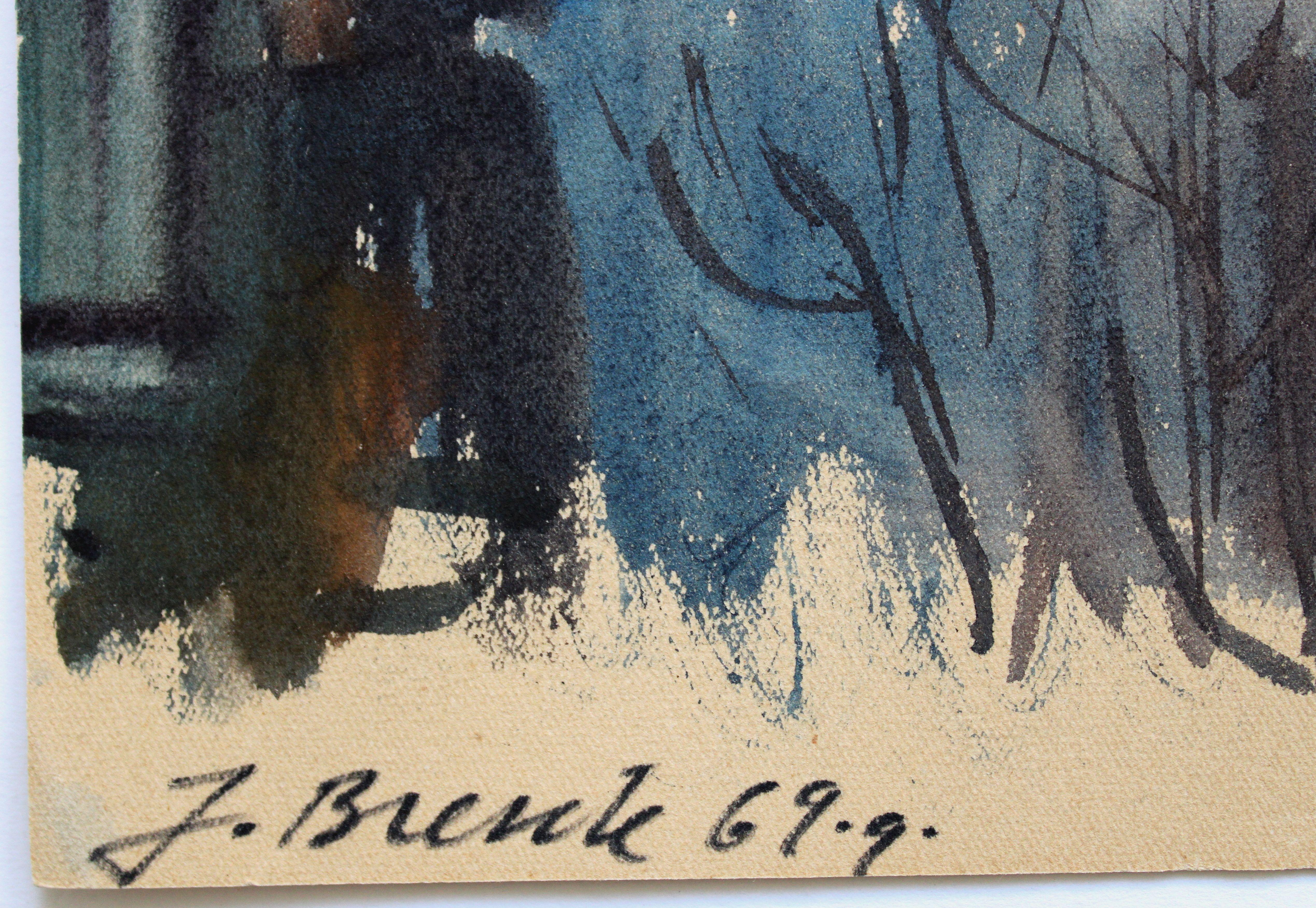 Winter day. 1969. Paper, watercolor, 15x21 cm - Painting by Janis Brekte
