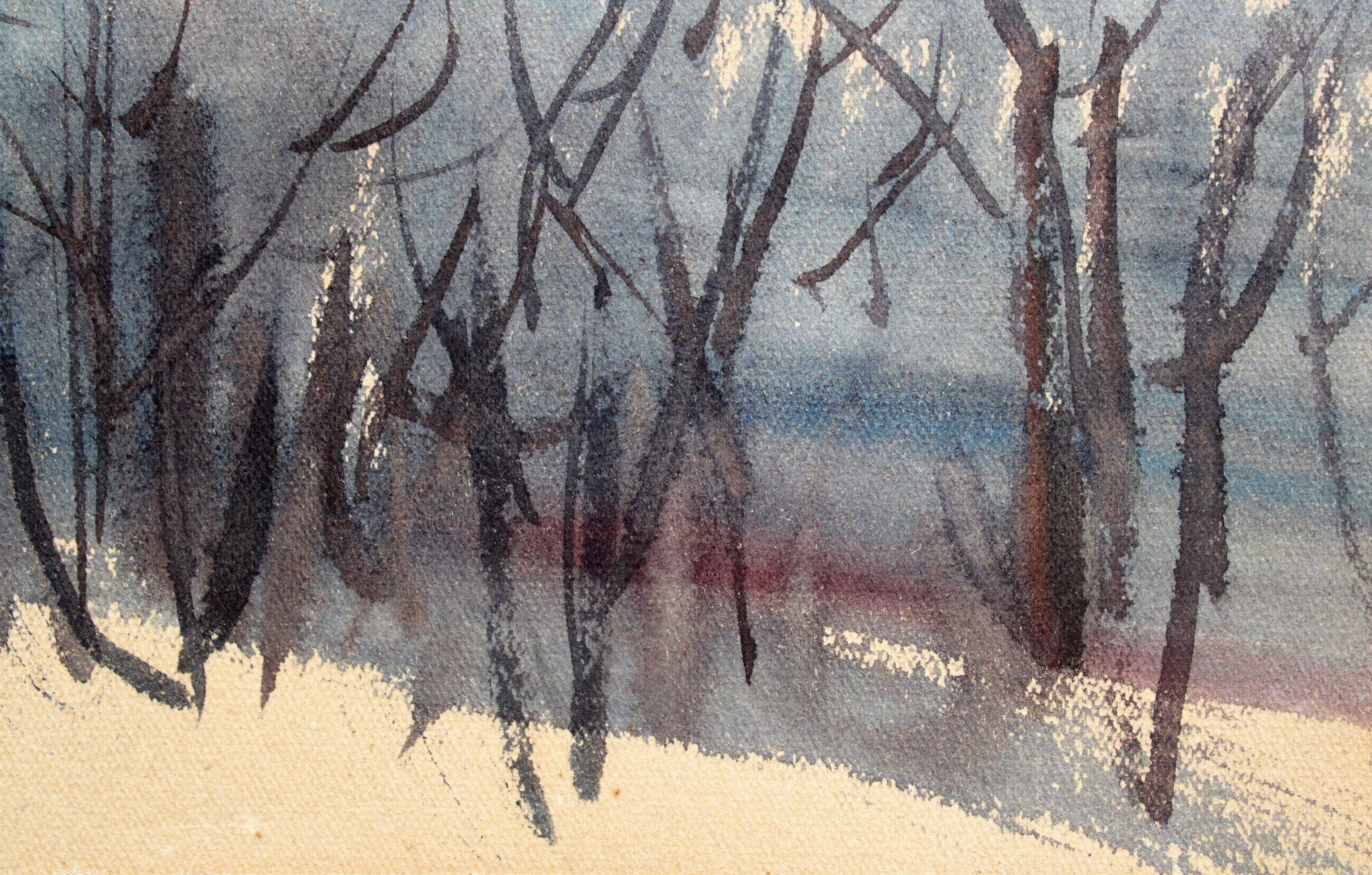 Winter day. 1969. Paper, watercolor, 15x21 cm - Realist Painting by Janis Brekte