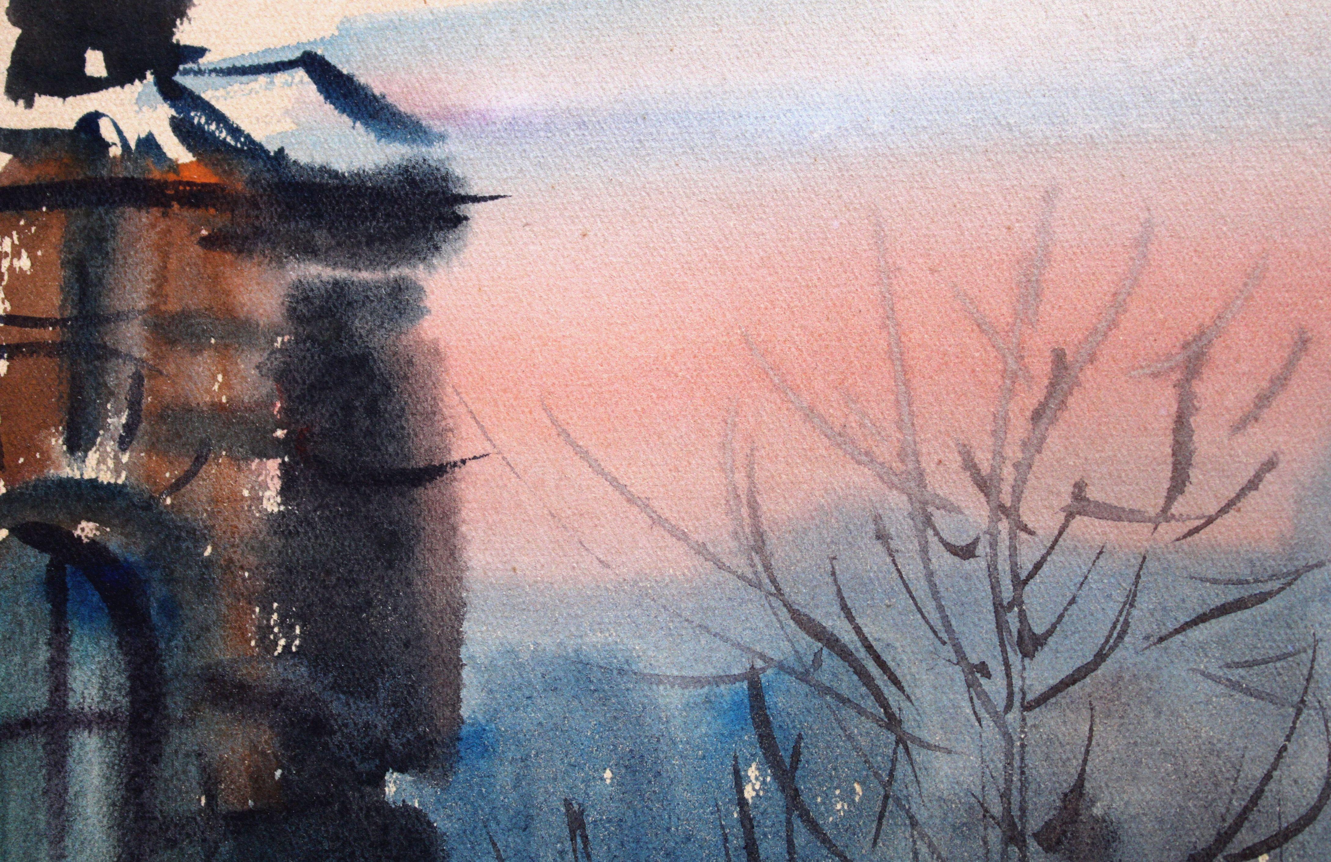 jour d'hiver. 1969. Papier, aquarelle, 15 x 21 cm - Gris Interior Painting par Janis Brekte