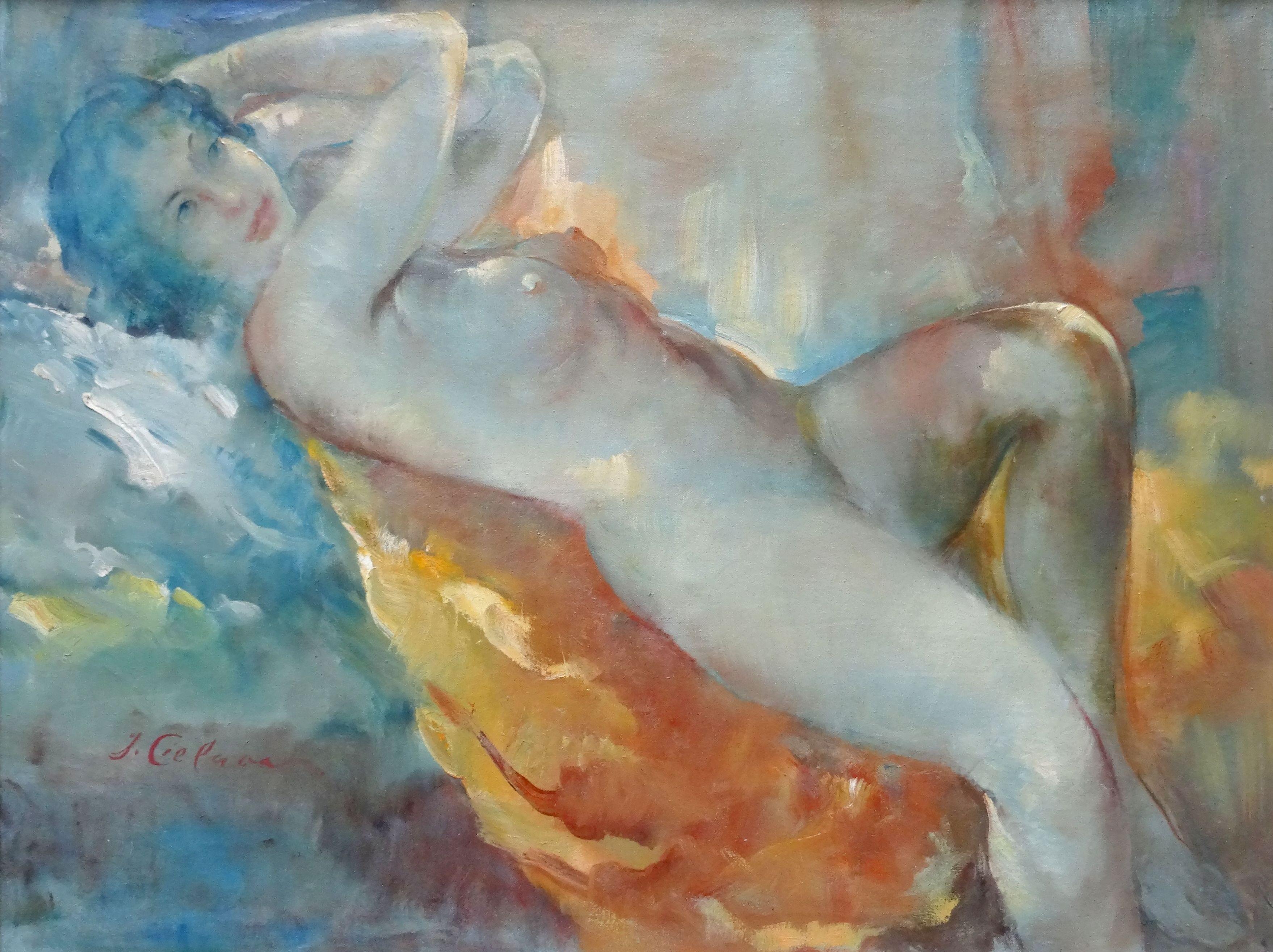 Janis Cielavs Figurative Painting - Act. 1978. Canvas, oil, 66x86 cm
