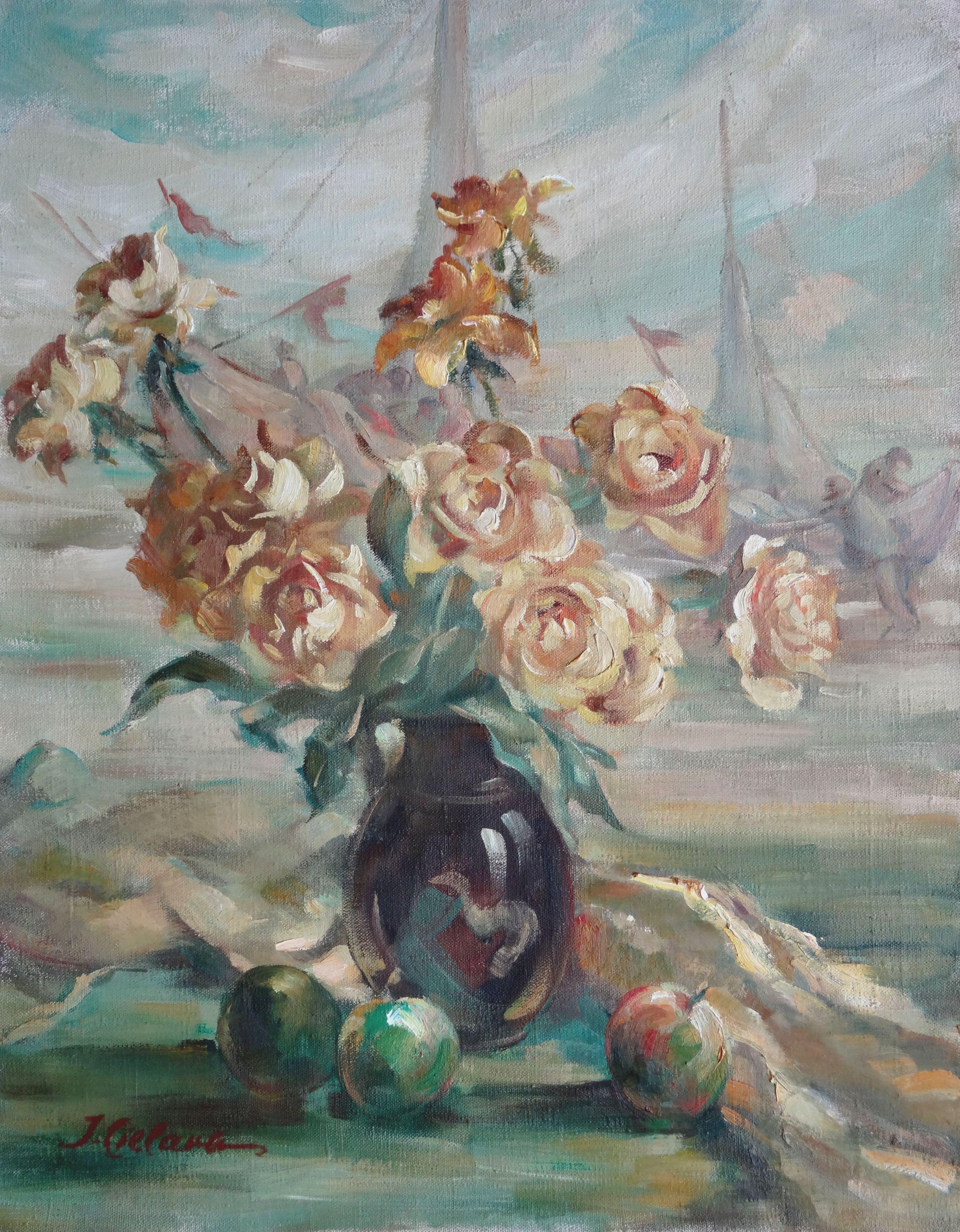 Still life with roses. Canvas, oil, 71x56 cm - Gray Landscape Painting by Janis Cielavs
