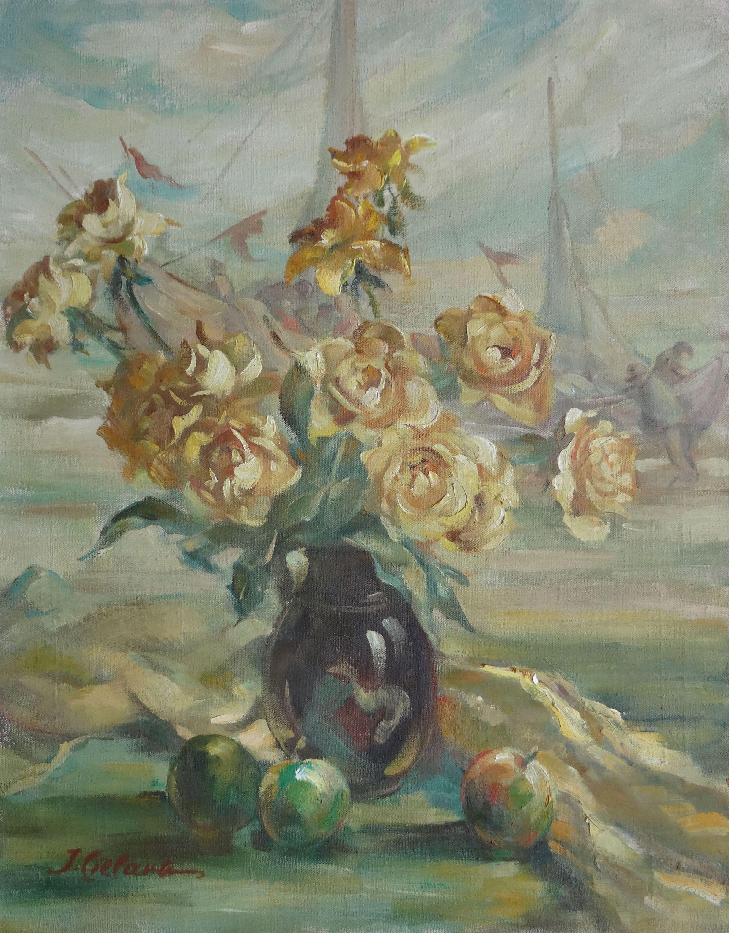 Janis Cielavs Landscape Painting - Still life with roses. Canvas, oil, 71x56 cm