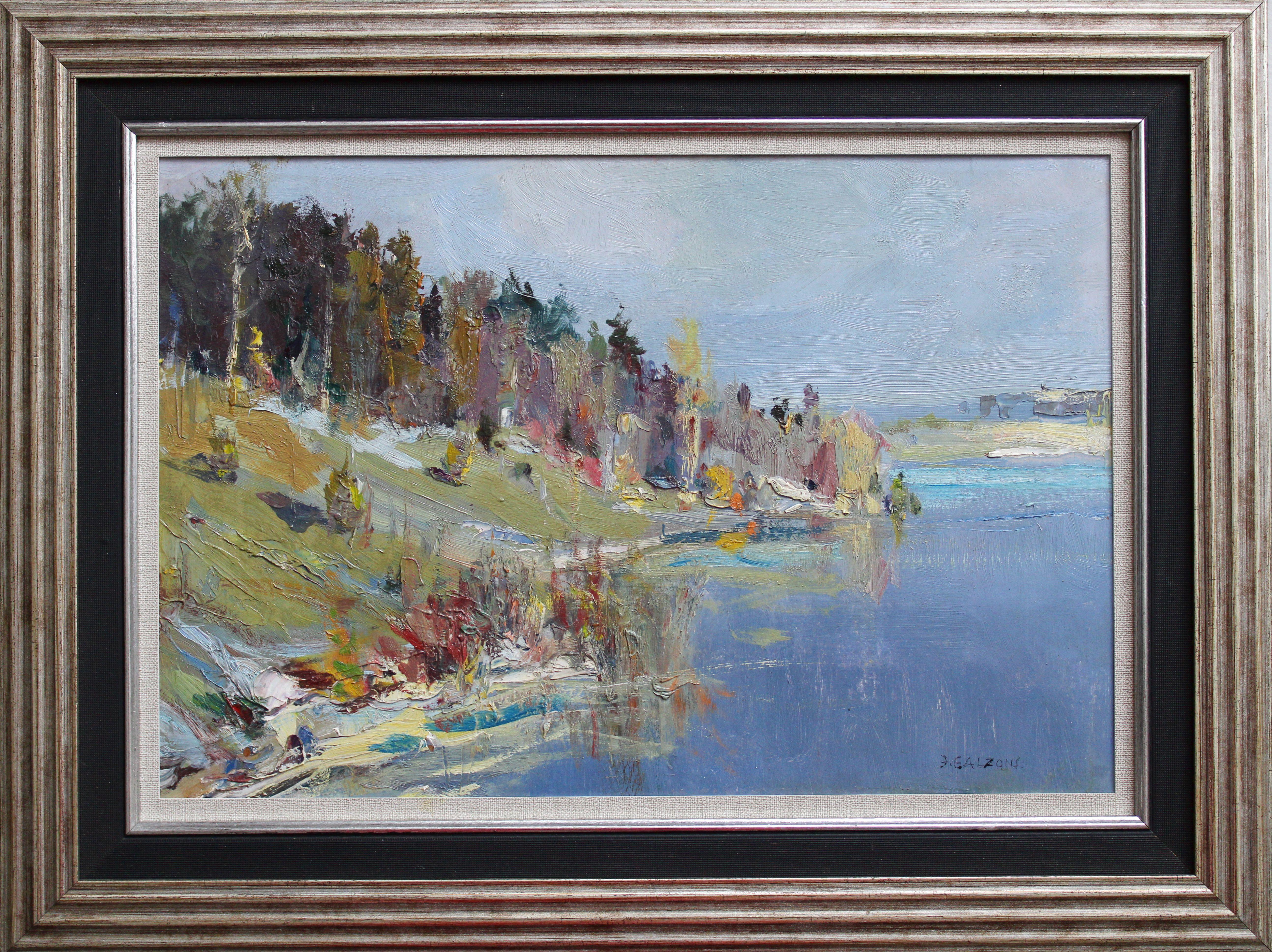 The river in the summer. Cardboard, oil, 32x49 cm - Impressionist Painting by Janis Galzons