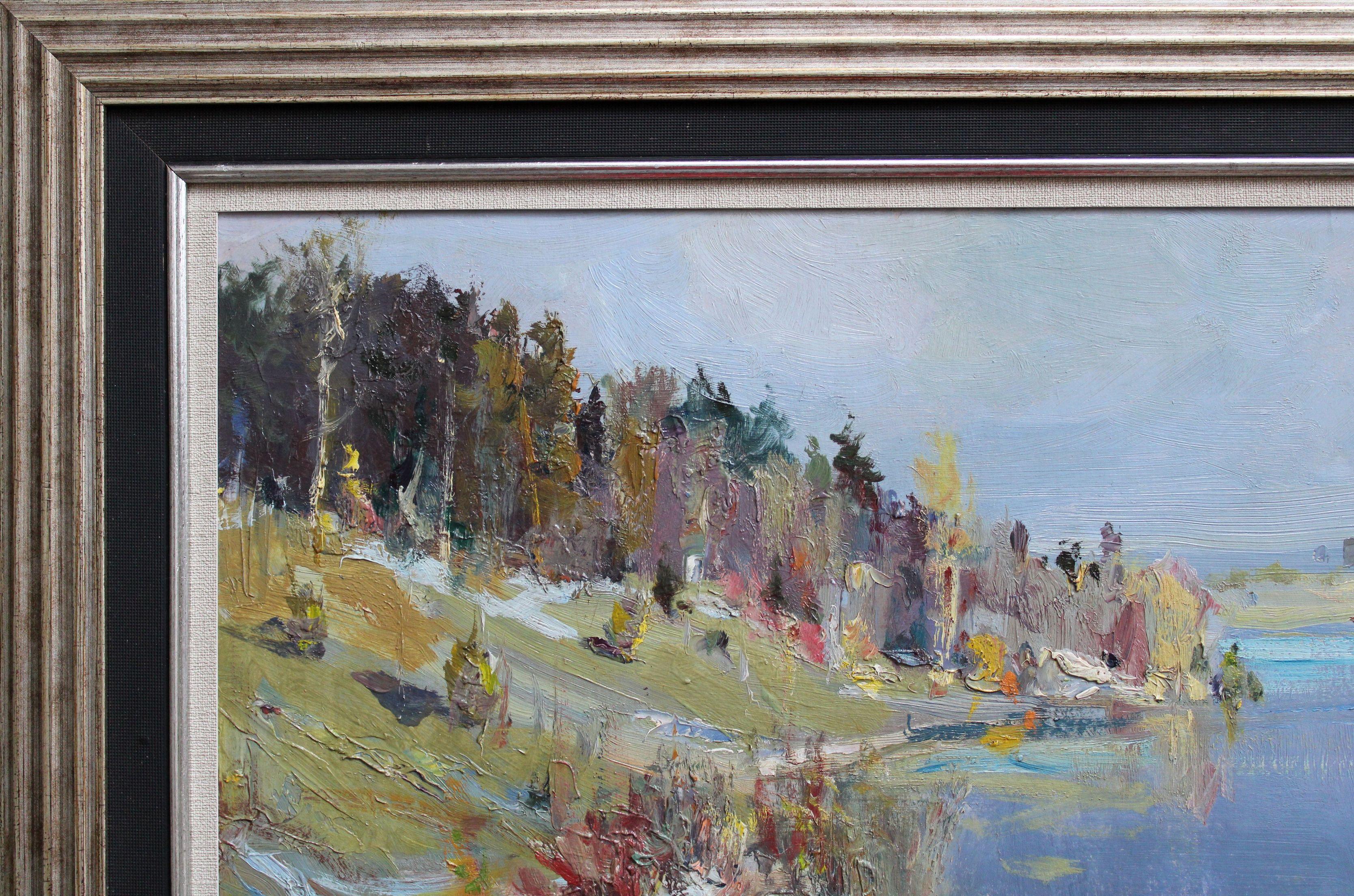 The river in the summer. Cardboard, oil, 32x49 cm For Sale 4