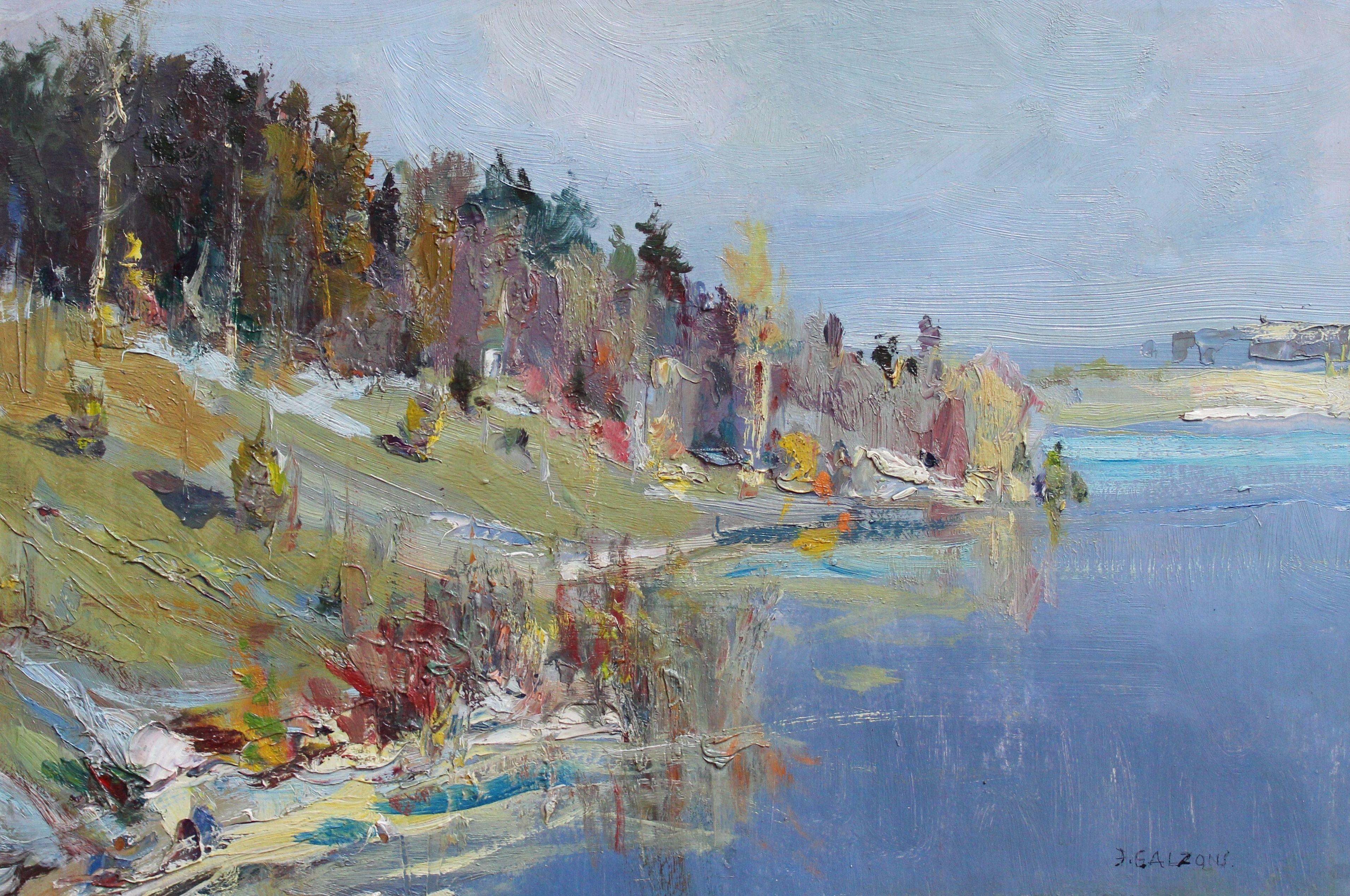 The river in the summer. Cardboard, oil, 32x49 cm - Painting by Janis Galzons