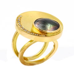 Janis Kerman, 18 Karat Gold Diamond and Pearl Crescent Ring