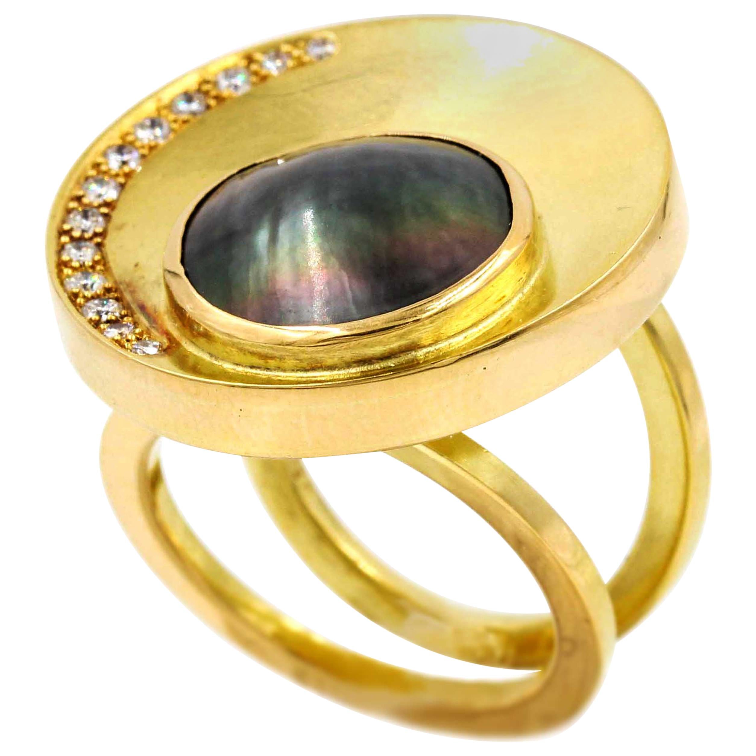 Janis Kerman, 18 Karat Gold Diamond and Pearl Crescent Ring For Sale