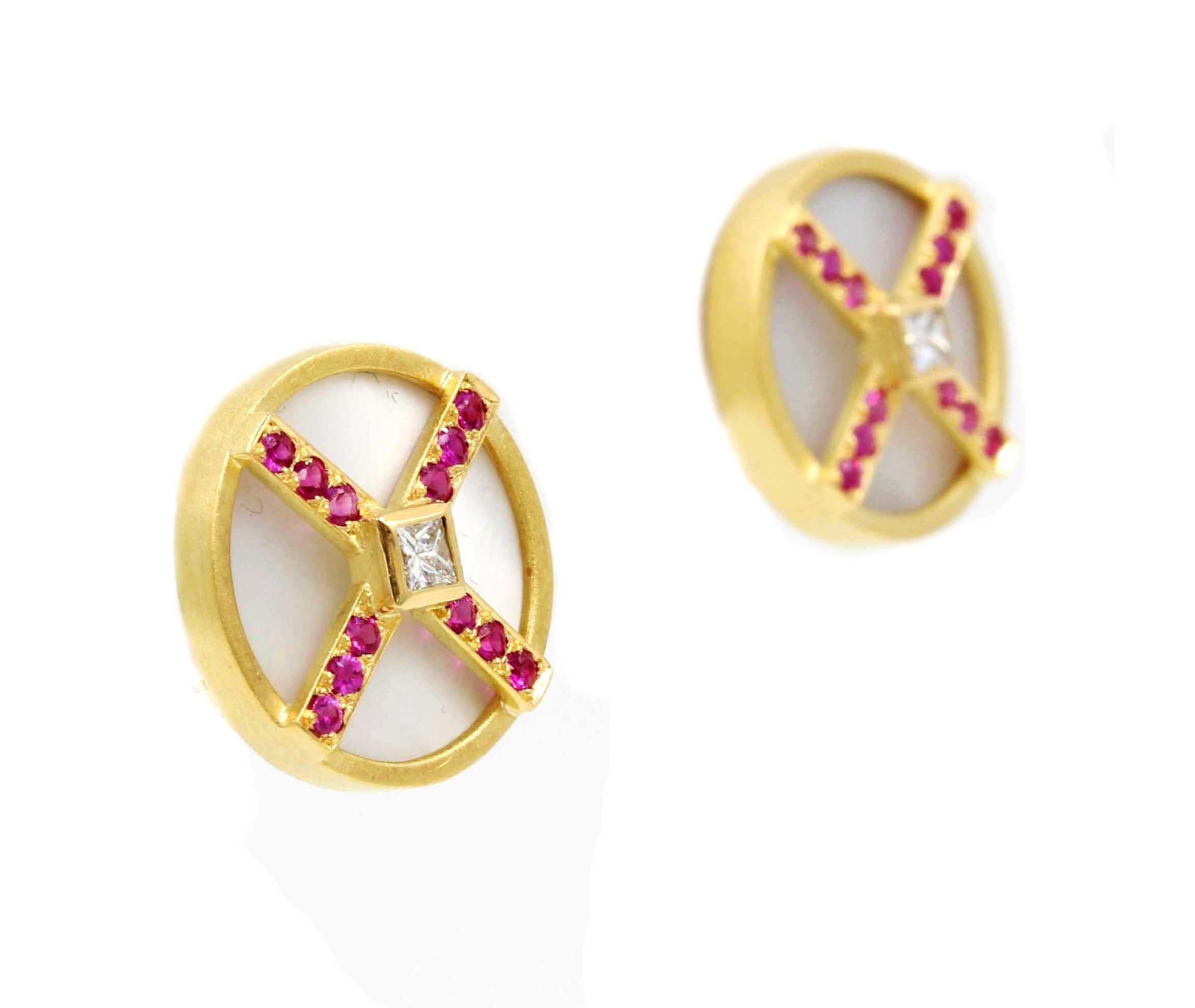 Contemporary Janis Kerman, 18 Karat Gold, Diamond, Pink Sapphire, Mother of Pearl Earrings For Sale