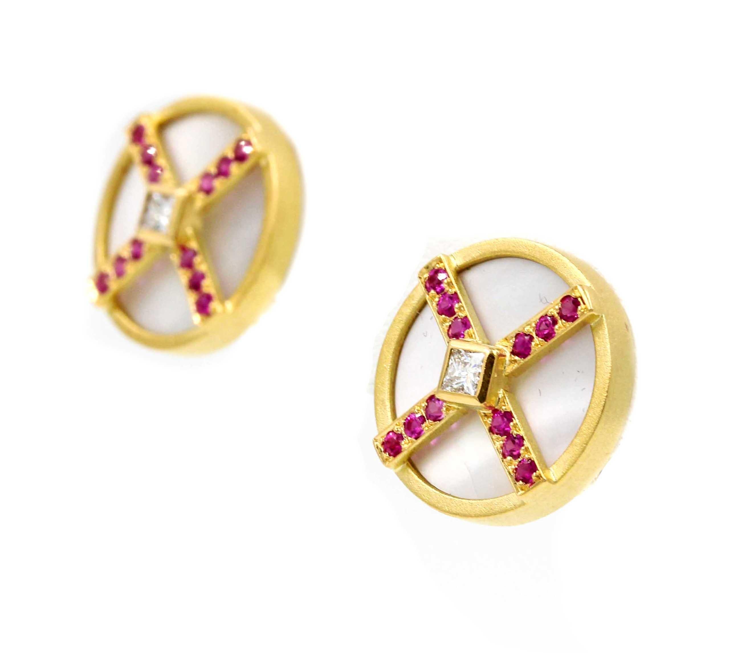 Janis Kerman, 18 Karat Gold, Diamond, Pink Sapphire, Mother of Pearl Earrings In New Condition For Sale In Santa Fe, NM