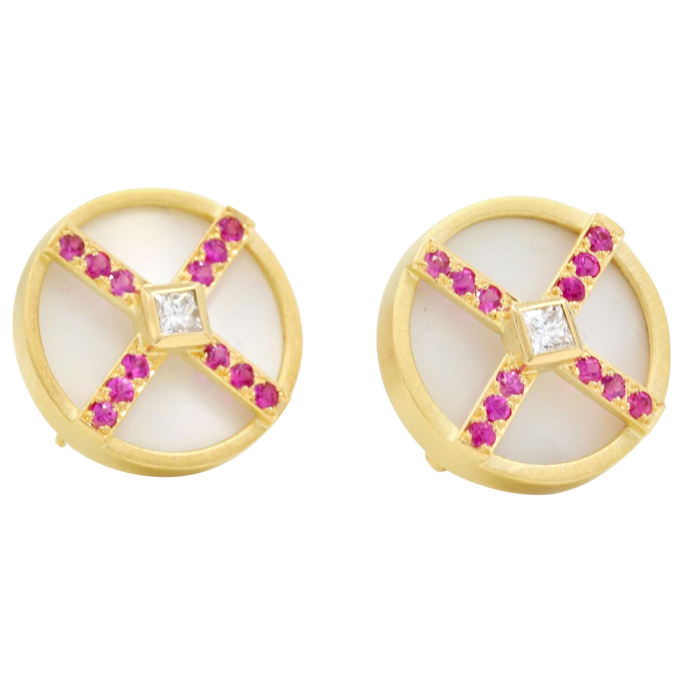Janis Kerman, 18 Karat Gold, Diamond, Pink Sapphire, Mother of Pearl Earrings For Sale