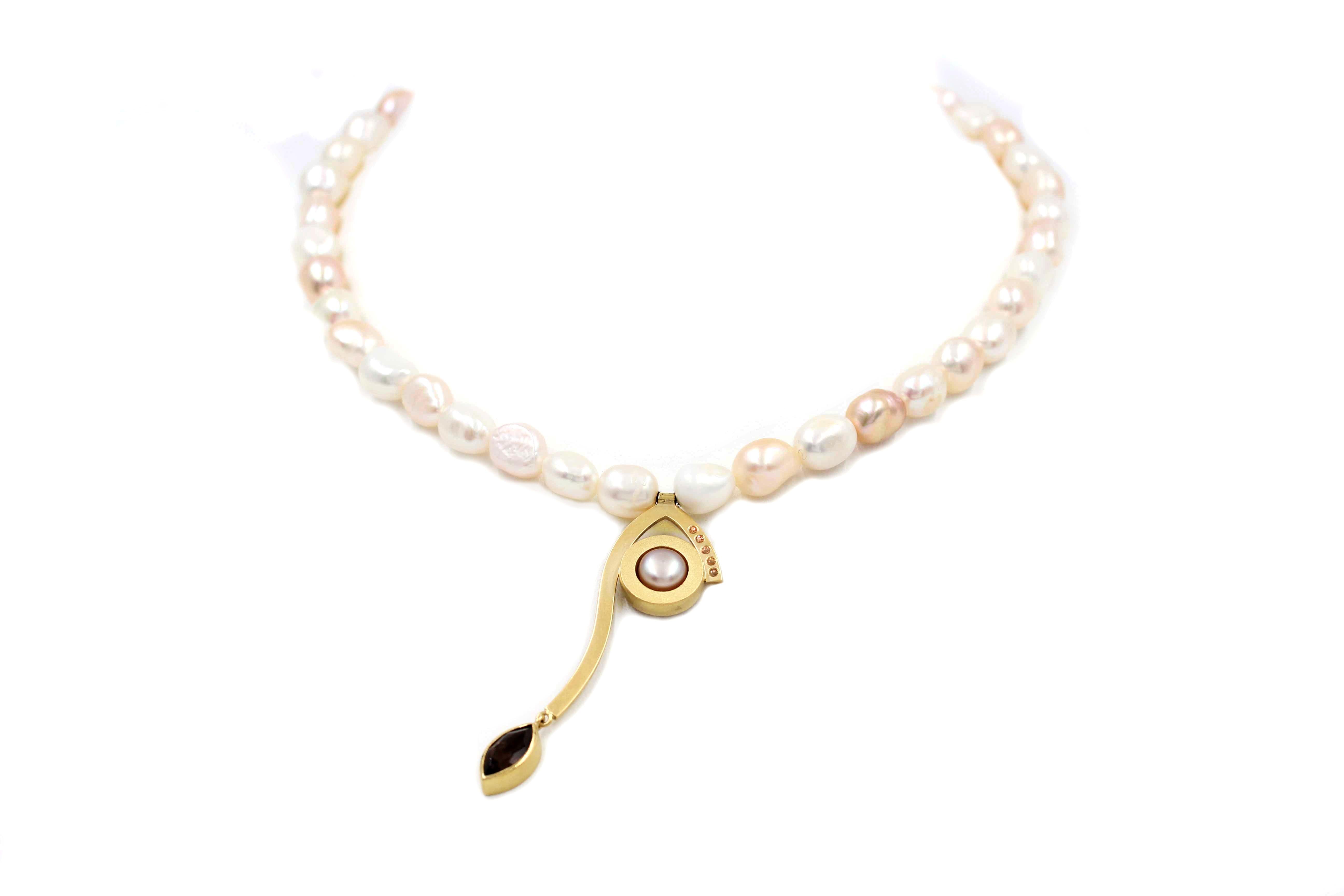 Janis Kerman, 18k Gold Pearl Sapphire Abstraction Necklace, 2018, 18k gold, Padparasha Sapphire, smokey crystal quartz, pearl
