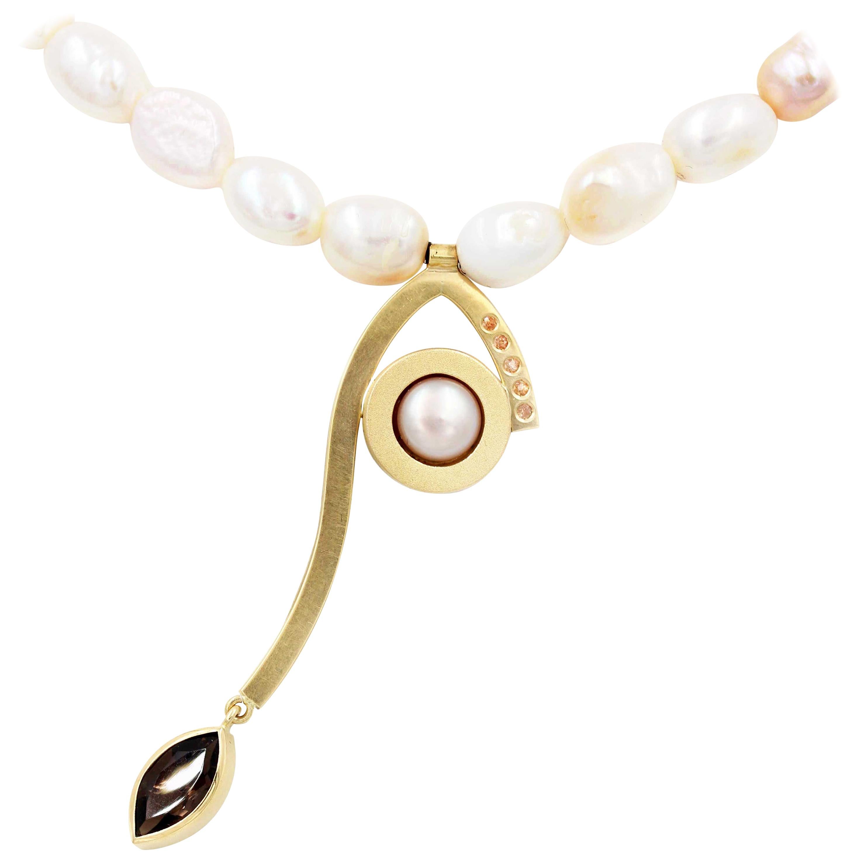 Janis Kerman, 18 Karat Gold Pearl Sapphire Abstraction Necklace For Sale