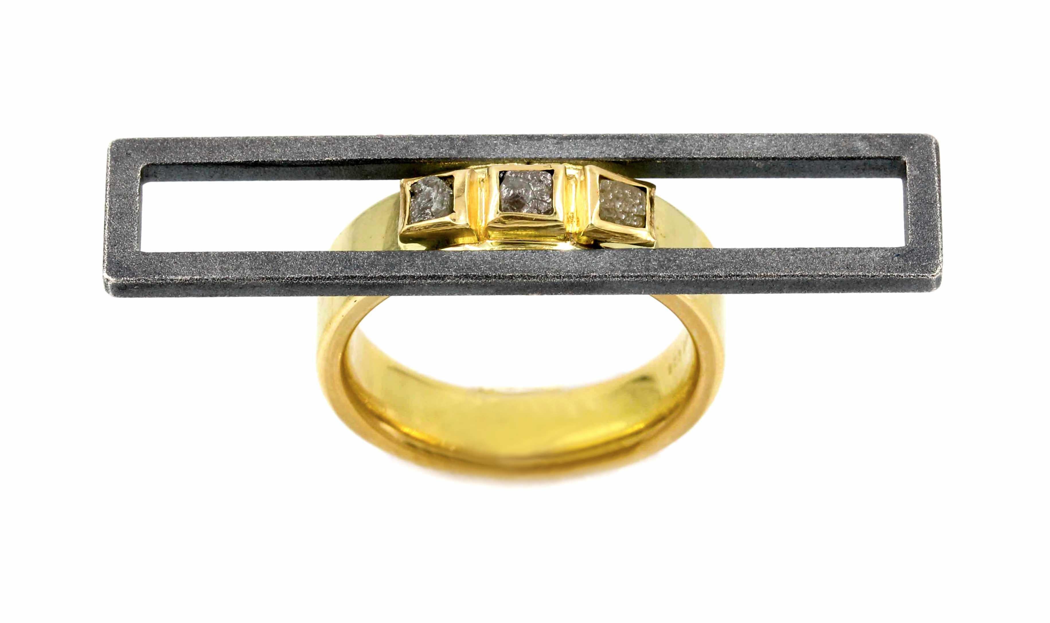Janis Kerman, 18 Karat Gold Sterling Silver Diamond Rectangular Prism Ring In New Condition For Sale In Santa Fe, NM