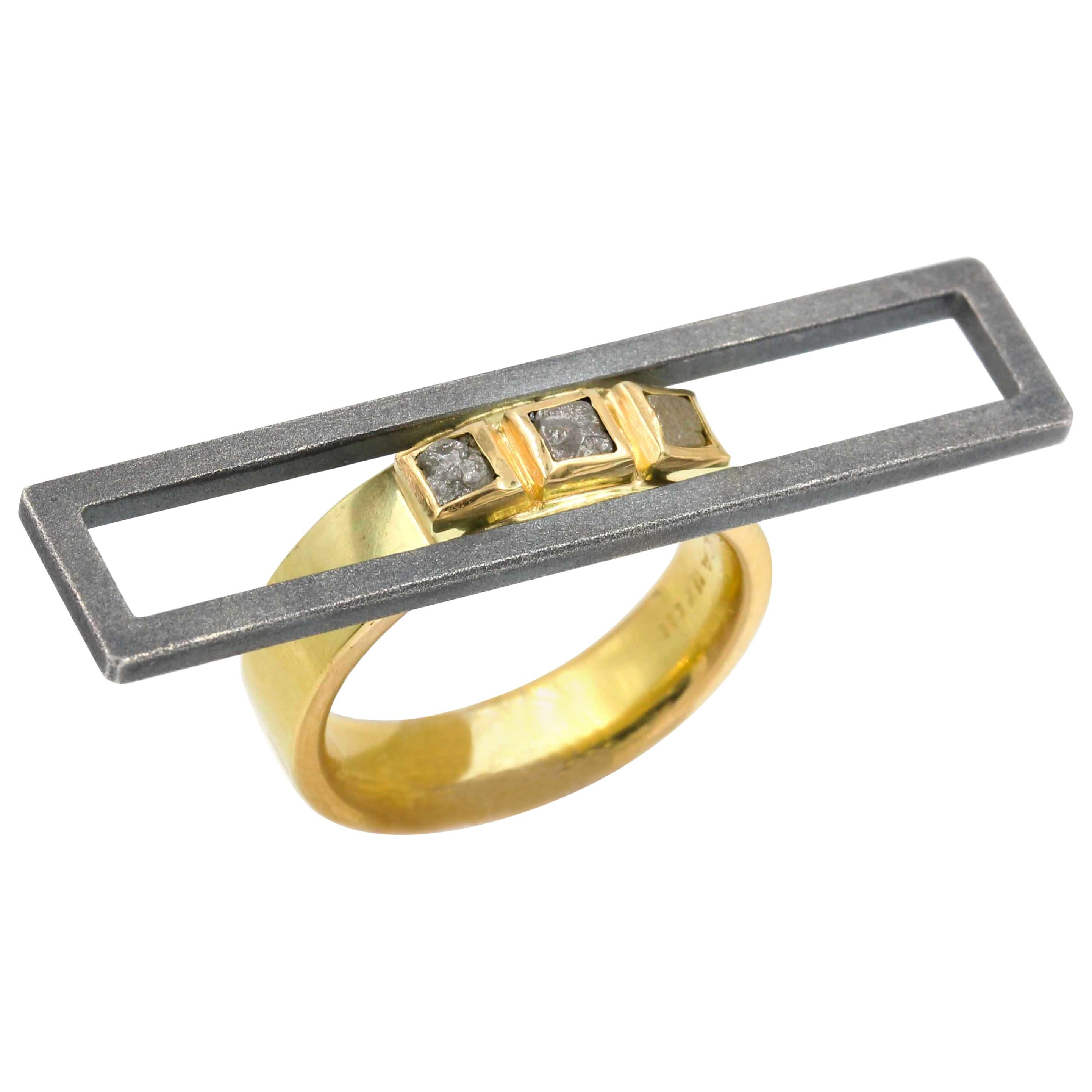 Janis Kerman, 18 Karat Gold Sterling Silver Diamond Rectangular Prism Ring For Sale