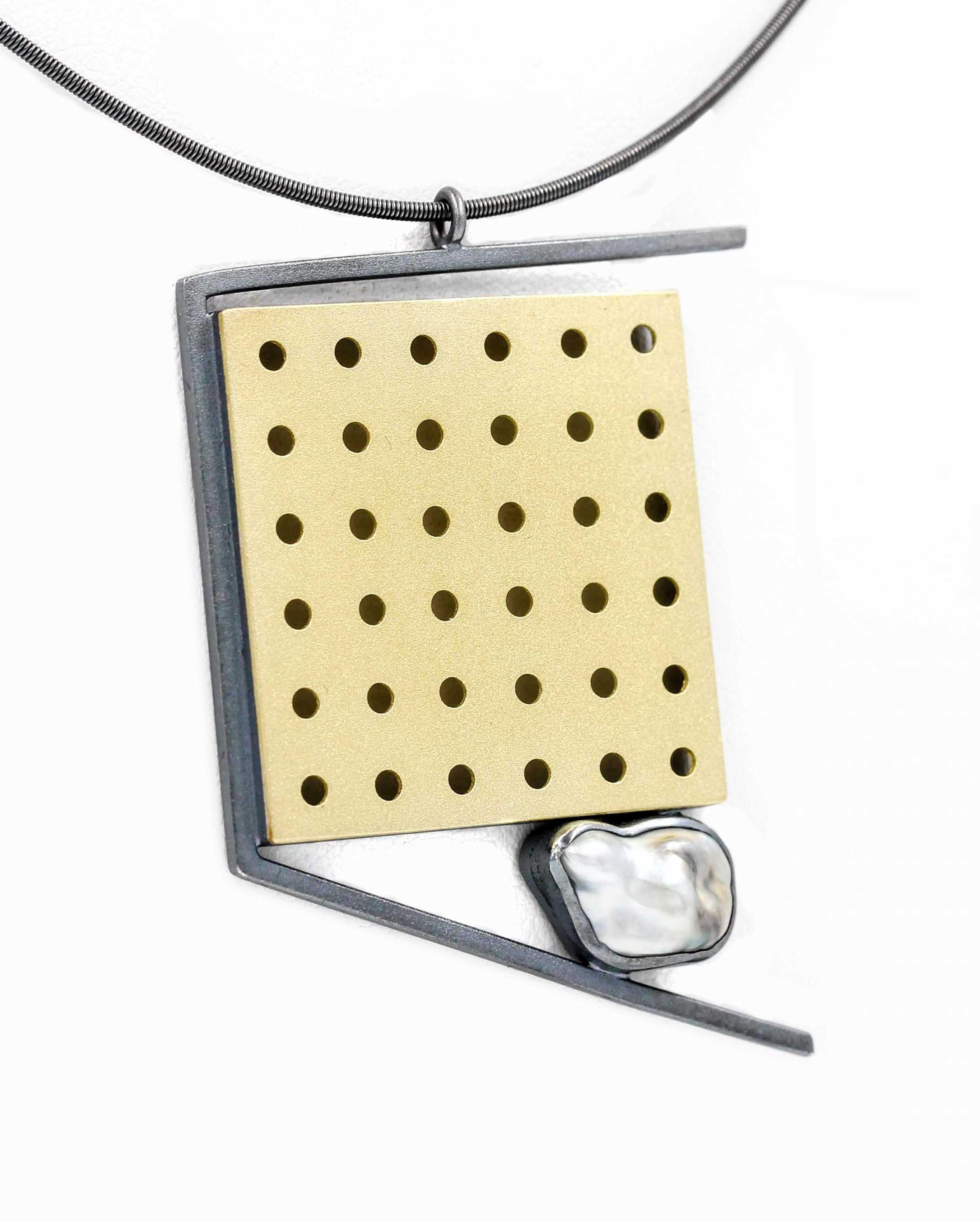 Contemporary Janis Kerman, Grid Omega Necklace, 18 Karat Gold, Oxidized Sterling Silver For Sale