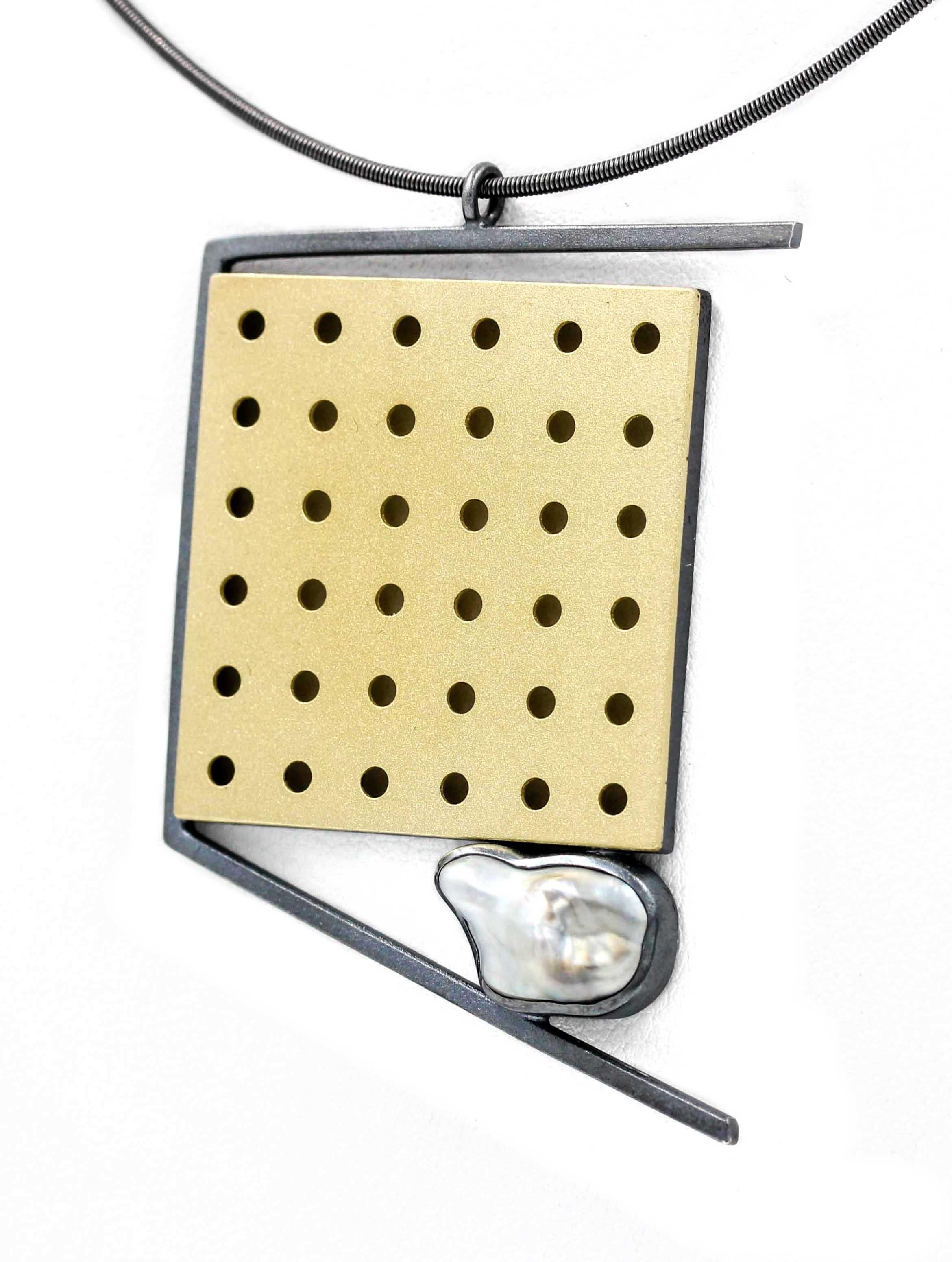 Janis Kerman, Grid Omega Necklace, 18 Karat Gold, Oxidized Sterling Silver In New Condition For Sale In Santa Fe, NM