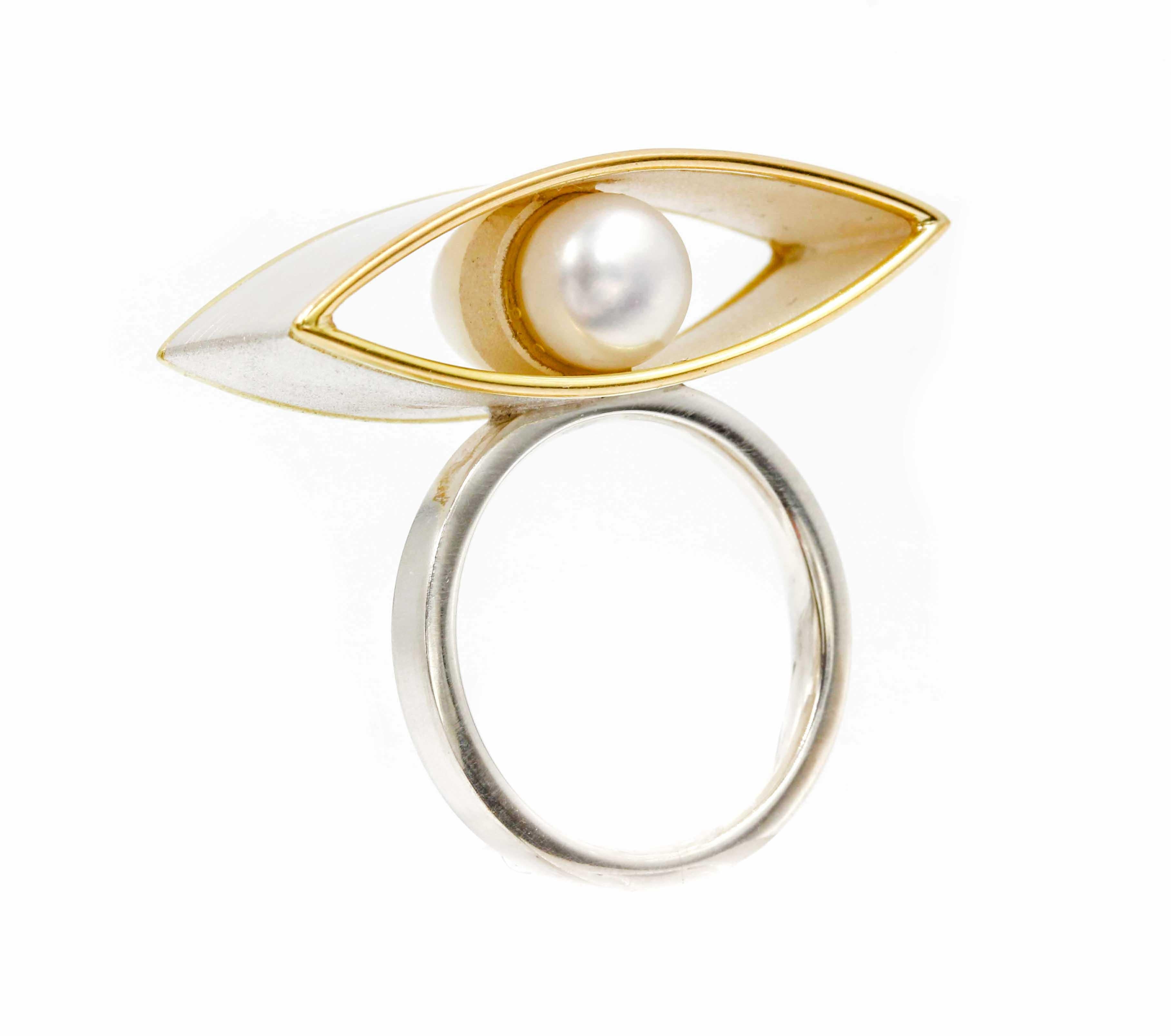 Janis Kerman, Sterling Silver Gold Pearl Ring, sterling silver, 18 karat gold, cultured pearl

