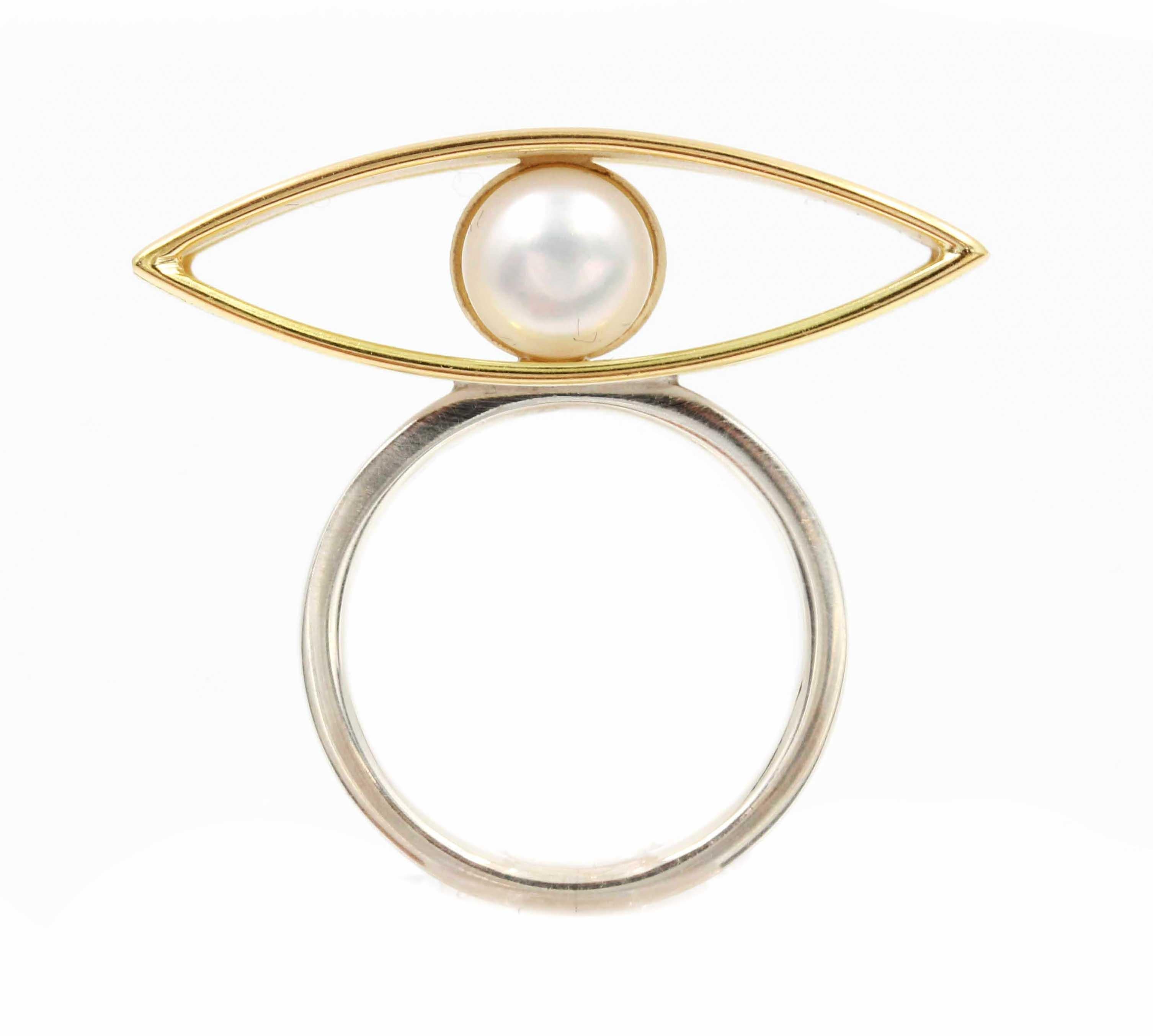 Janis Kerman, Sterling Silver Gold Pearl Ring In New Condition For Sale In Santa Fe, NM