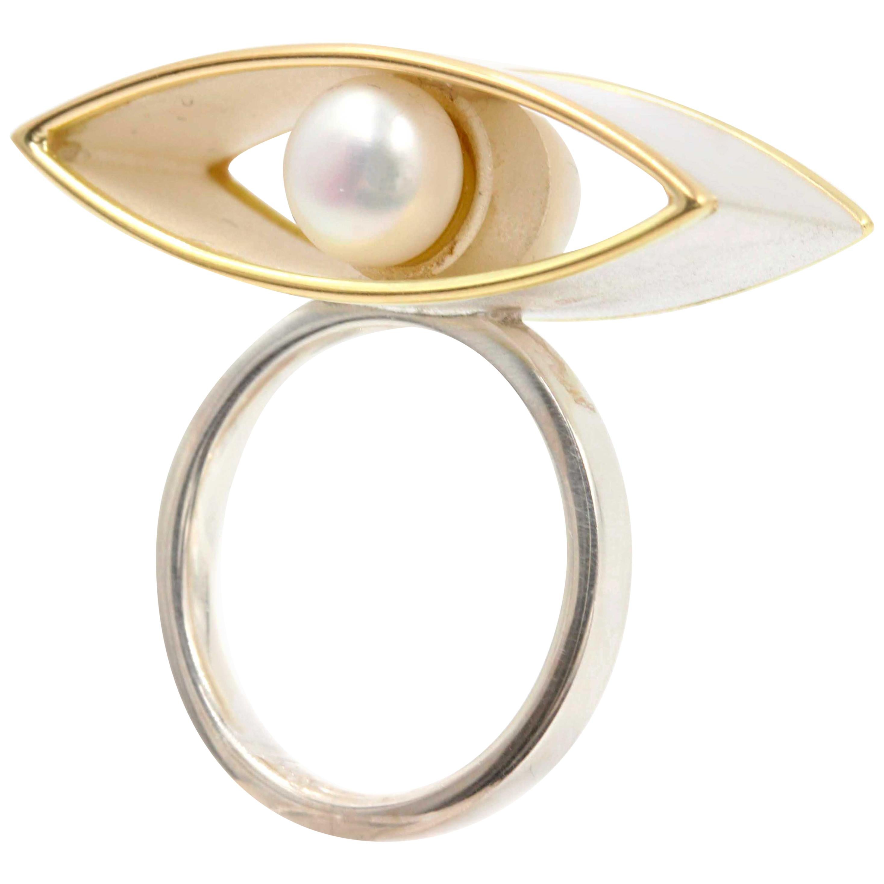 Janis Kerman, Sterling Silver Gold Pearl Ring For Sale