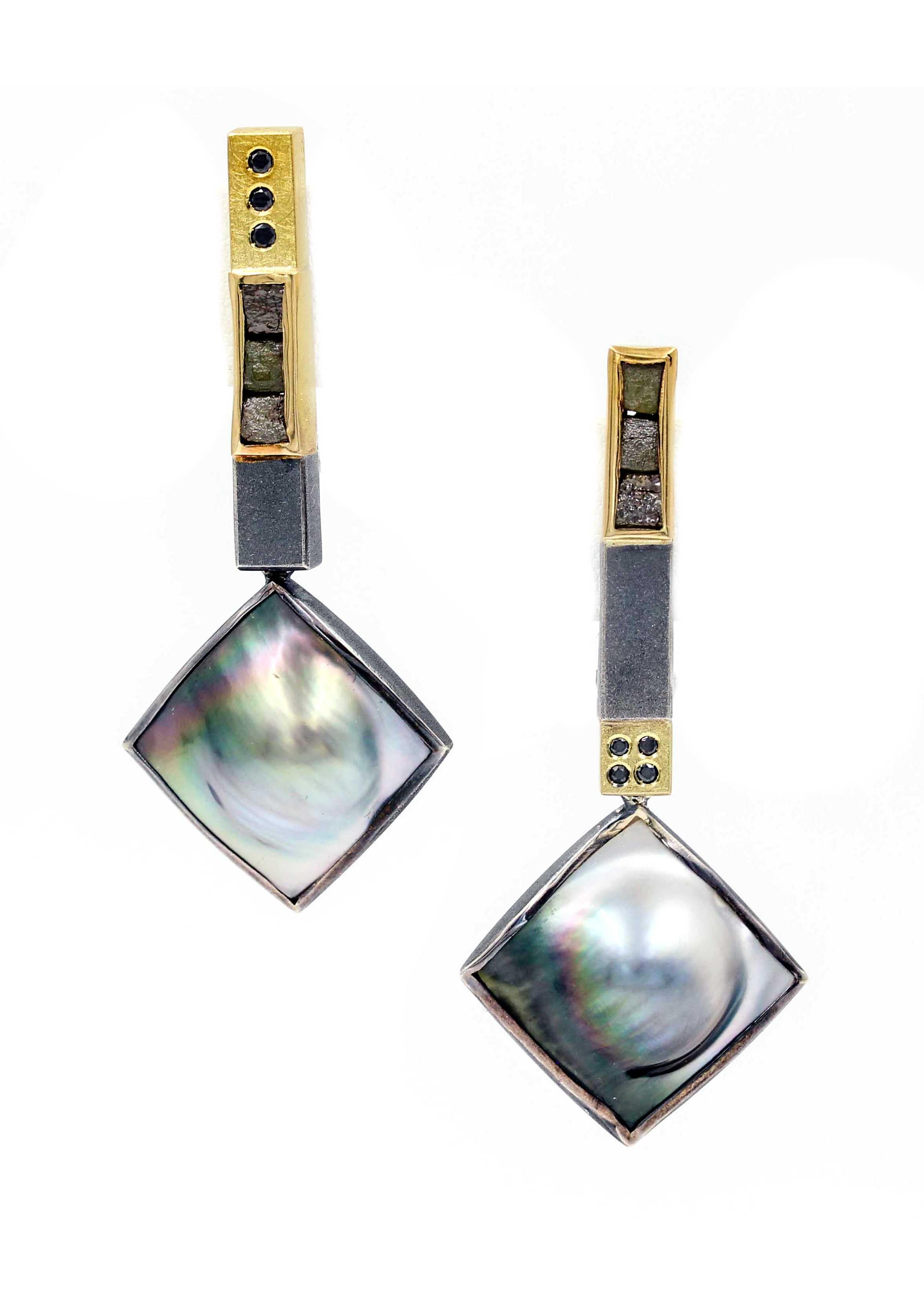 Janis Kerman, Tahitian Pearl Earrings, Black Diamonds, 18 Karat Gold In New Condition In Santa Fe, NM