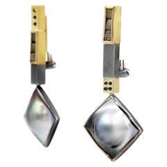 Janis Kerman, Tahitian Pearl Earrings, Black Diamonds, 18 Karat Gold
