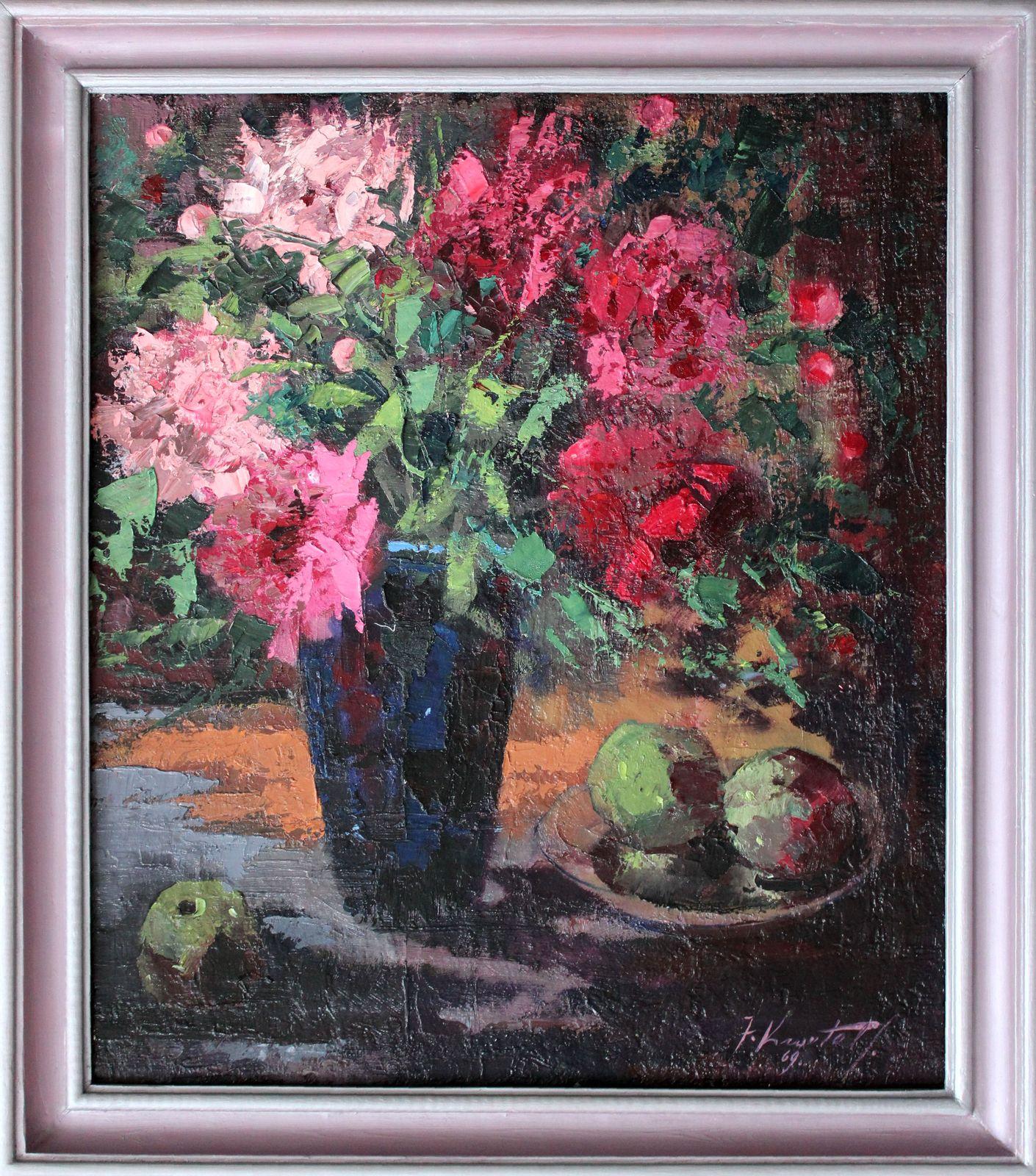Still life with peonies. 1969, plywood, oil, 68x59 cm - Painting by Janis Krontals 